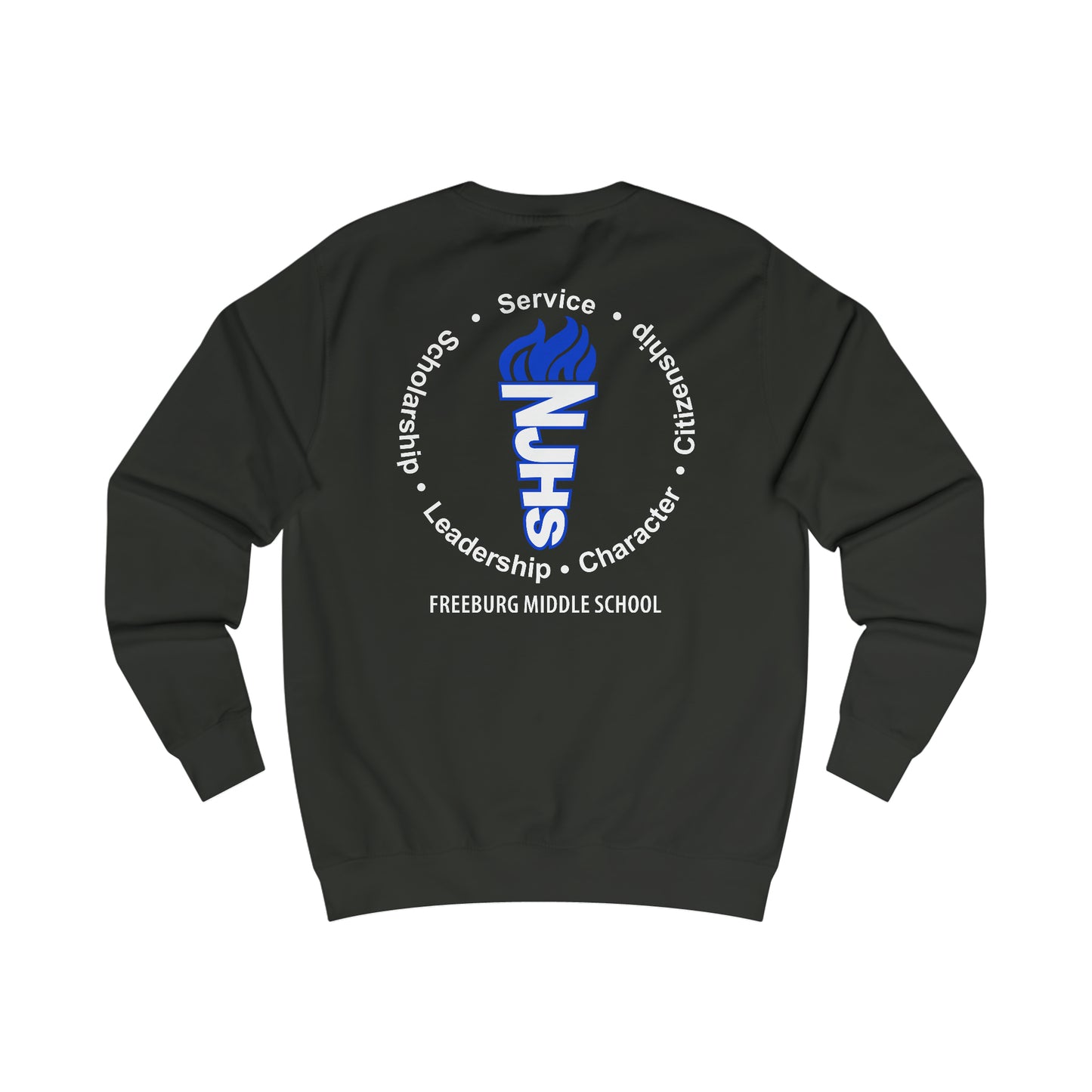 Front and Back Design - Freeburg Middle School White NJHS National Junior Honor Society Royal Torch (front) and Character Circle Logo (back) Unisex Heavy Blend™ Crewneck Sweatshirt