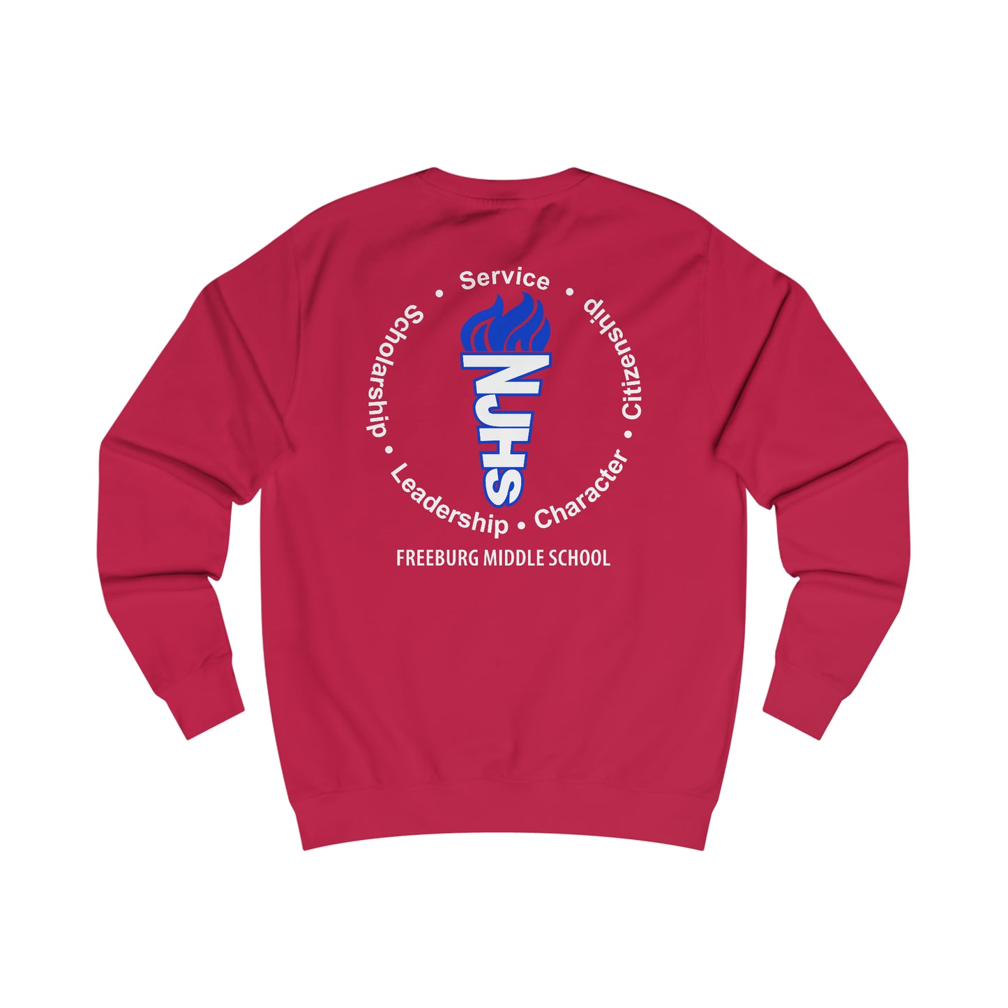 Front and Back Design - Freeburg Middle School White NJHS National Junior Honor Society Royal Torch (front) and Character Circle Logo (back) Unisex Heavy Blend™ Crewneck Sweatshirt