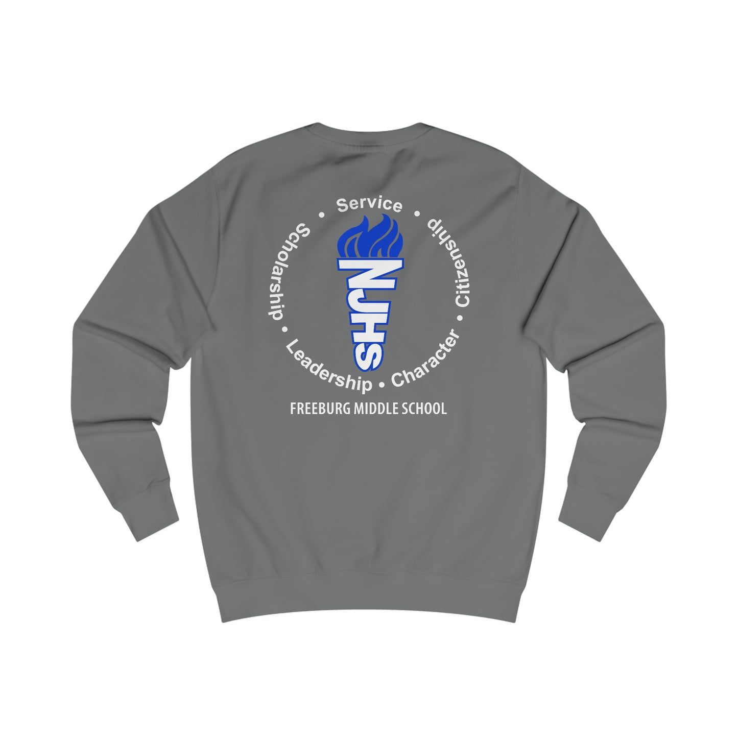 Front and Back Design - Freeburg Middle School White NJHS National Junior Honor Society Royal Torch (front) and Character Circle Logo (back) Unisex Heavy Blend™ Crewneck Sweatshirt