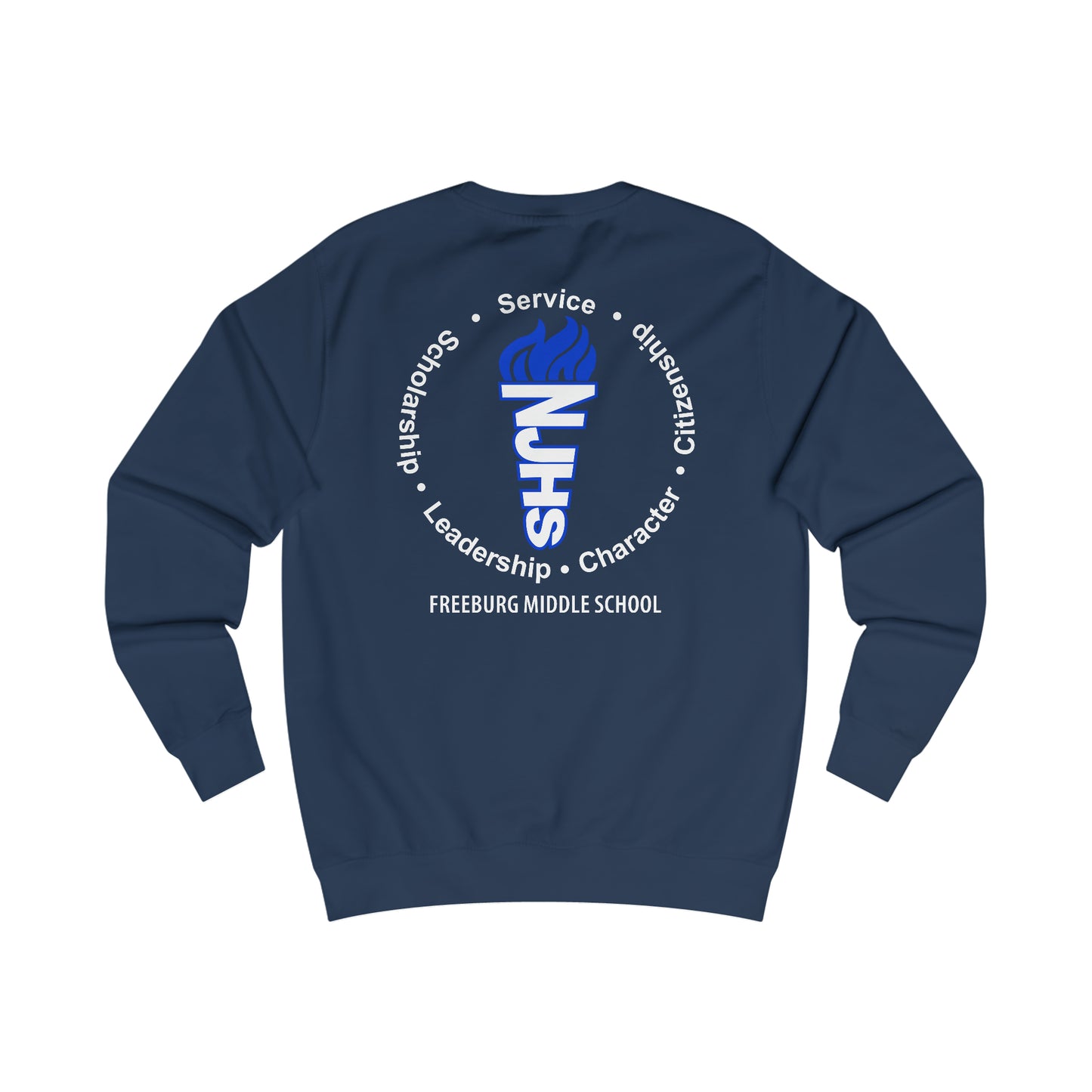 Front and Back Design - Freeburg Middle School White NJHS National Junior Honor Society Royal Torch (front) and Character Circle Logo (back) Unisex Heavy Blend™ Crewneck Sweatshirt