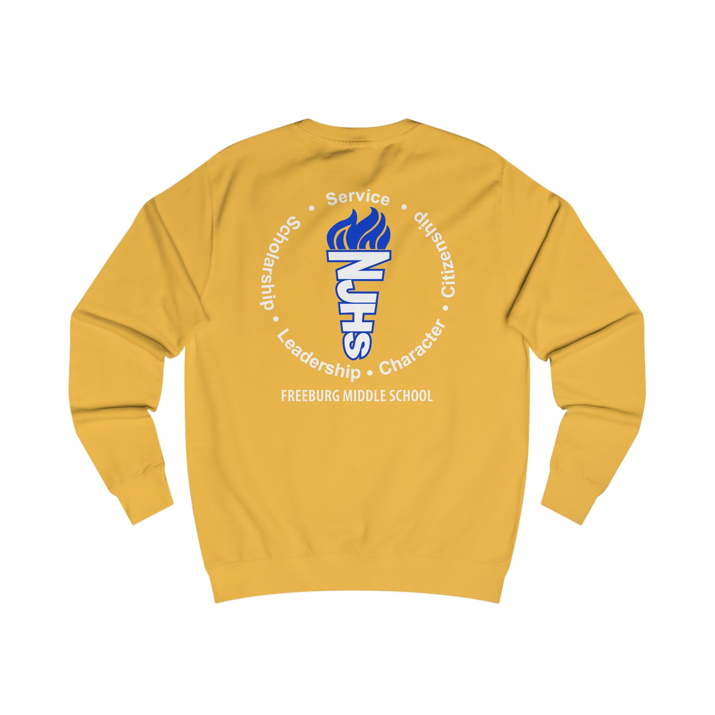 Front and Back Design - Freeburg Middle School White NJHS National Junior Honor Society Royal Torch (front) and Character Circle Logo (back) Unisex Heavy Blend™ Crewneck Sweatshirt