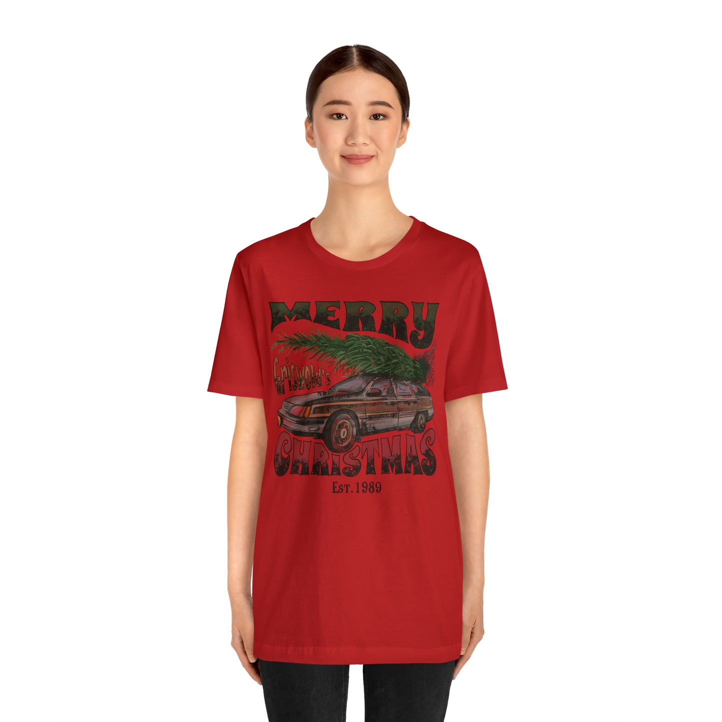 Distressed Griswold's Christmas Tree Station Wagon Holiday Bella Jersey Short Sleeve Tee (Unisex)