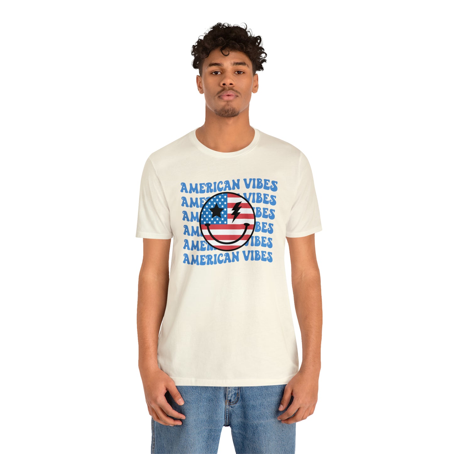 USA American Vibes American Flag Smiley Face Unisex Jersey Short Sleeve Tee