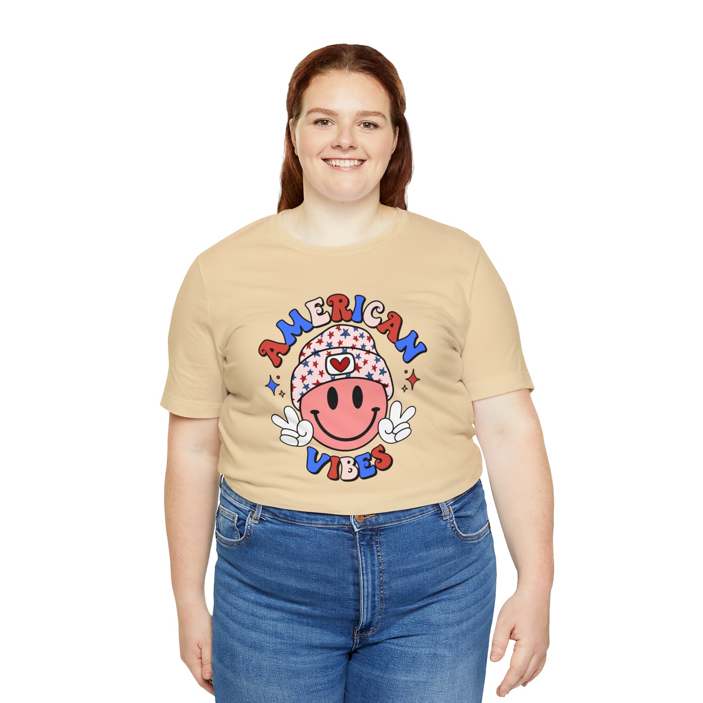 American Vibes USA Smiley Face with Stars Beanie with two hand peace signs Unisex Jersey Short Sleeve Tee