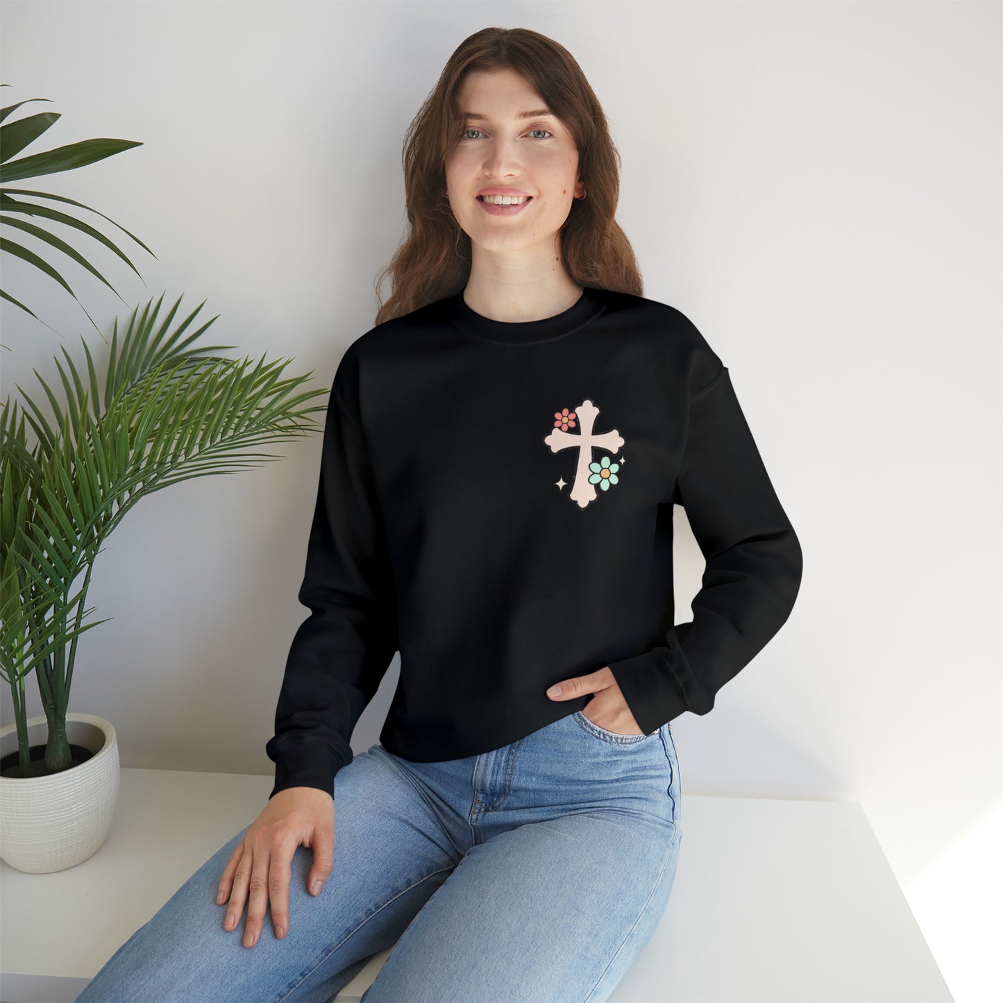 Vintage Grow in Grace with Cross Boho Color Print -  Front and Back Design Heavy Blend™ Crewneck Sweatshirt