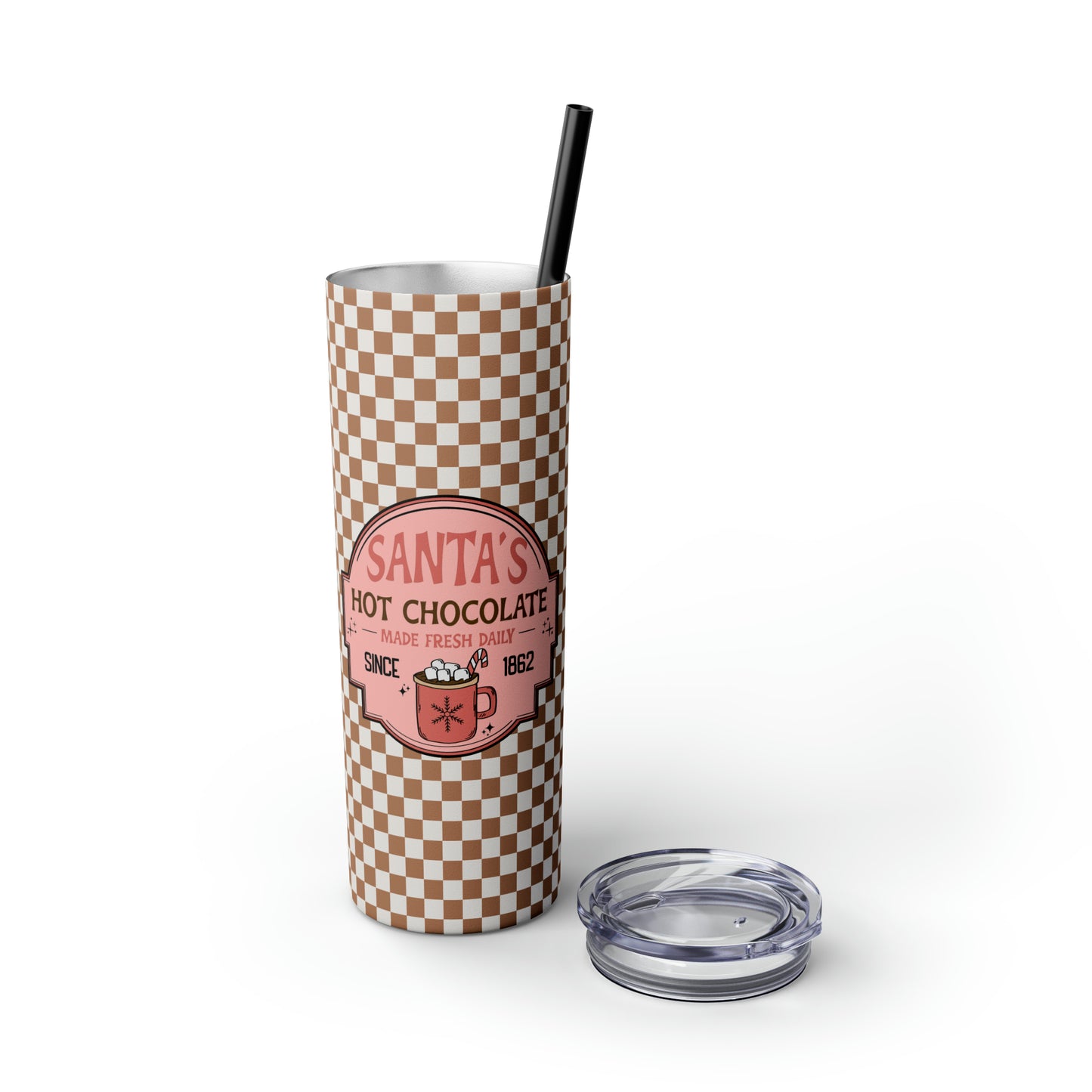 Santa's Hot Chocolate Brown Checkerboard Christmas/ Holiday Skinny Tumbler with Pick your Color Straw, 20oz