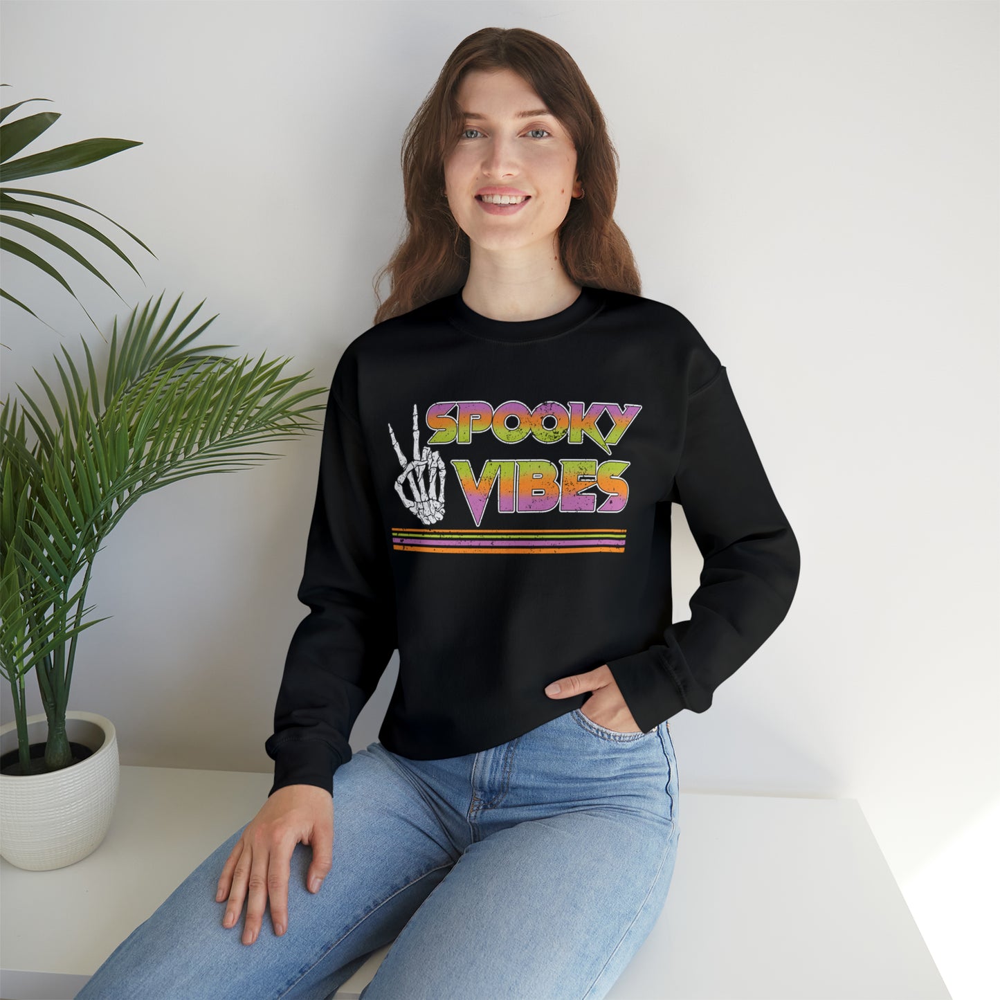 Spooky 80's Vibes Vintage Skeleton Piece Sign Fall Halloween  Unisex Heavy Blend™ Crewneck Sweatshirt