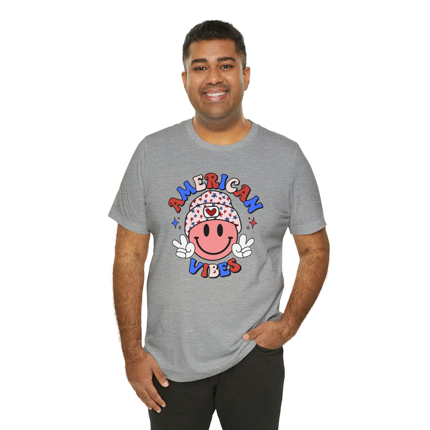 American Vibes USA Smiley Face with Stars Beanie with two hand peace signs Unisex Jersey Short Sleeve Tee