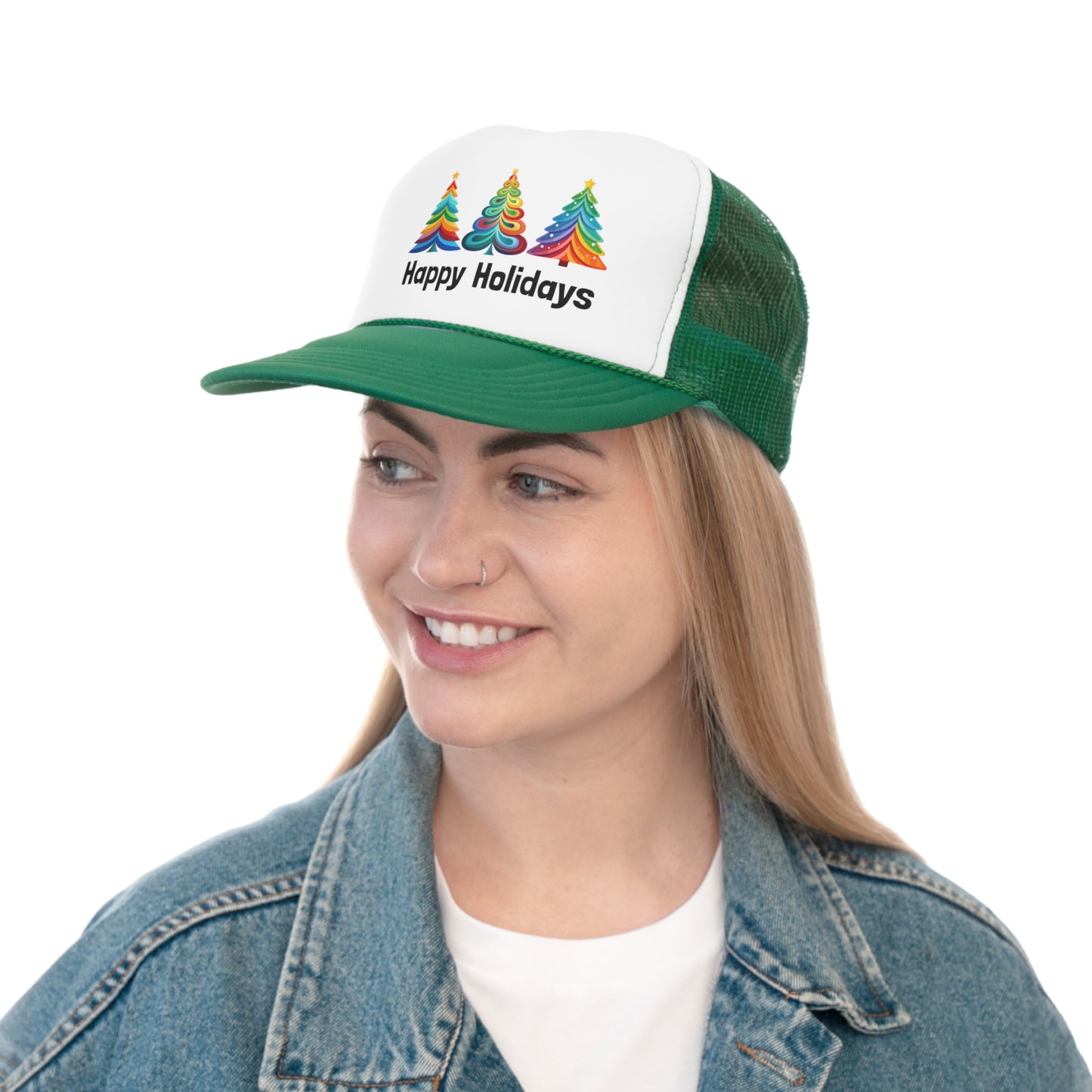 Happy Holidays Layered Rainbow Christmas Tree Tall Trucker Caps