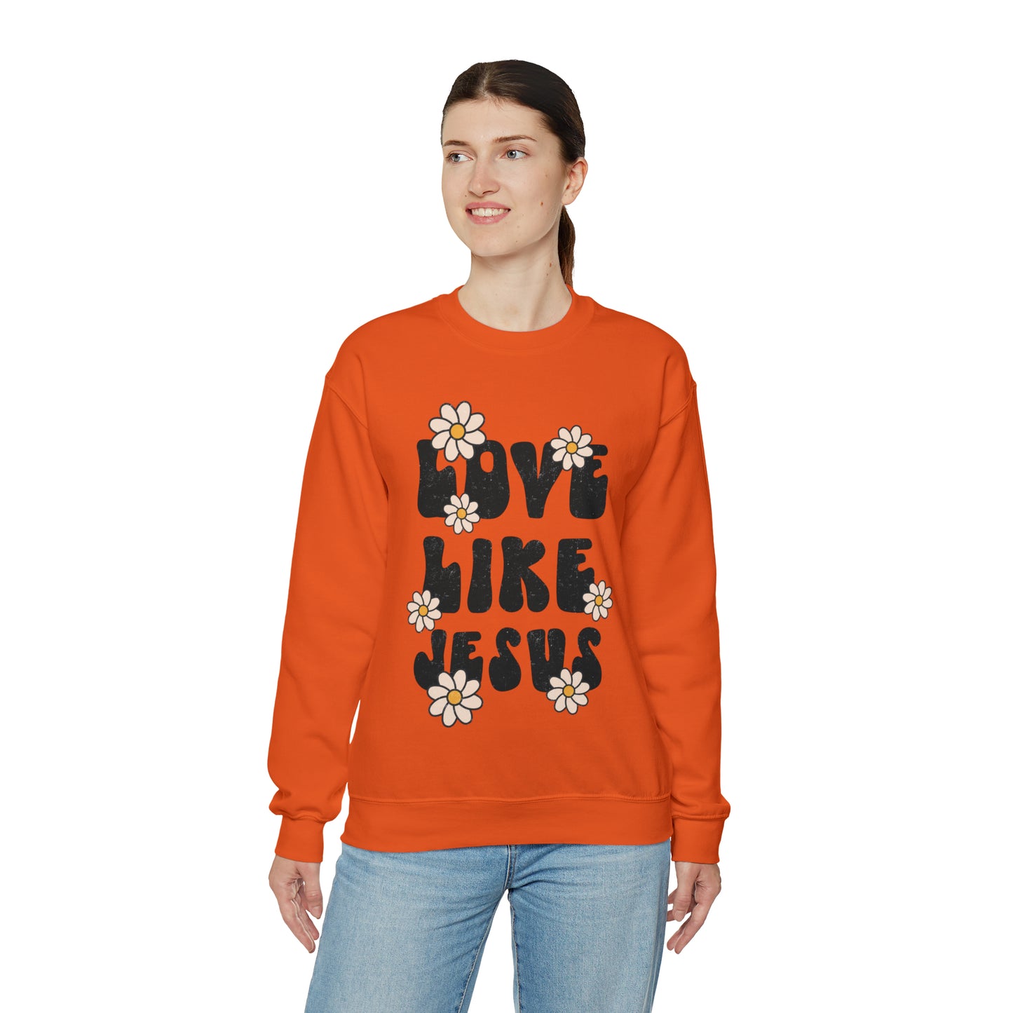 Distressed Daisy Love Like Jesus - Heavy Blend™ Crewneck Sweatshirt