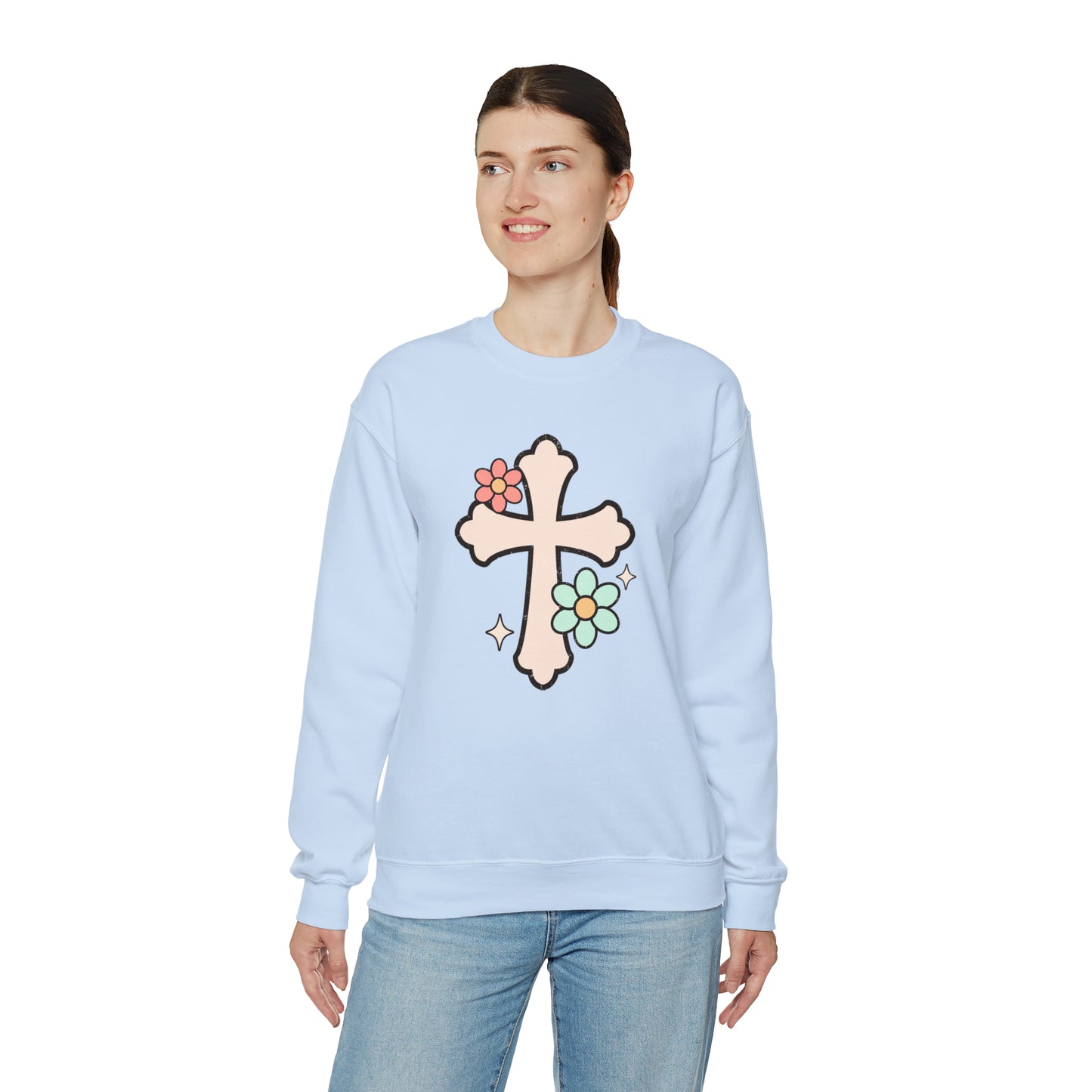 Vintage Floral Cross Design Heavy Blend™ Crewneck Sweatshirt