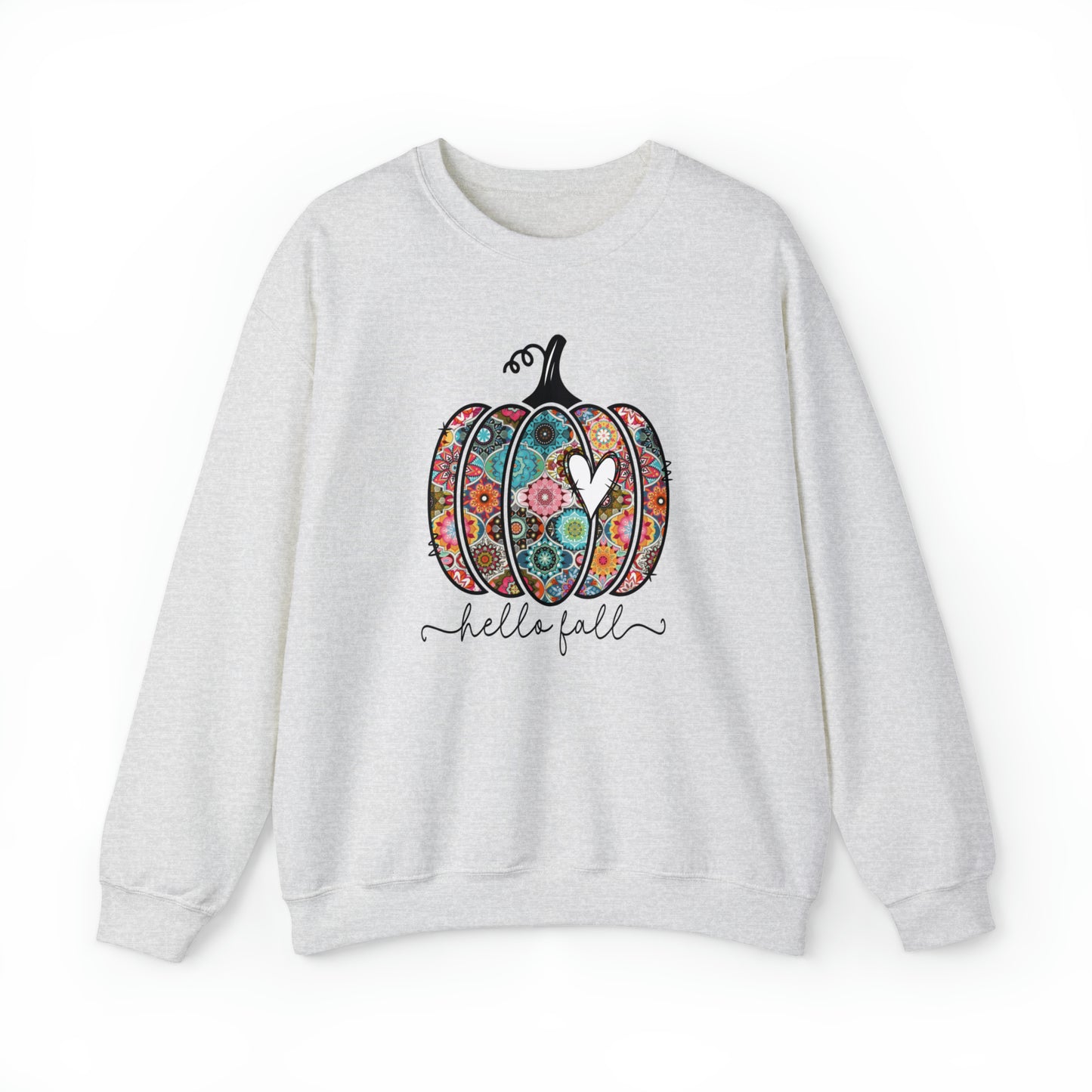 Hello Fall Print Pumpkin Fall Halloween Retro Warm Colored  Unisex Heavy Blend™ Crewneck Sweatshirt