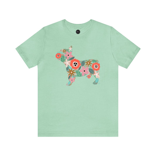Floral Frenchie Dog Bella Jersey Short Sleeve Tee (Unisex)