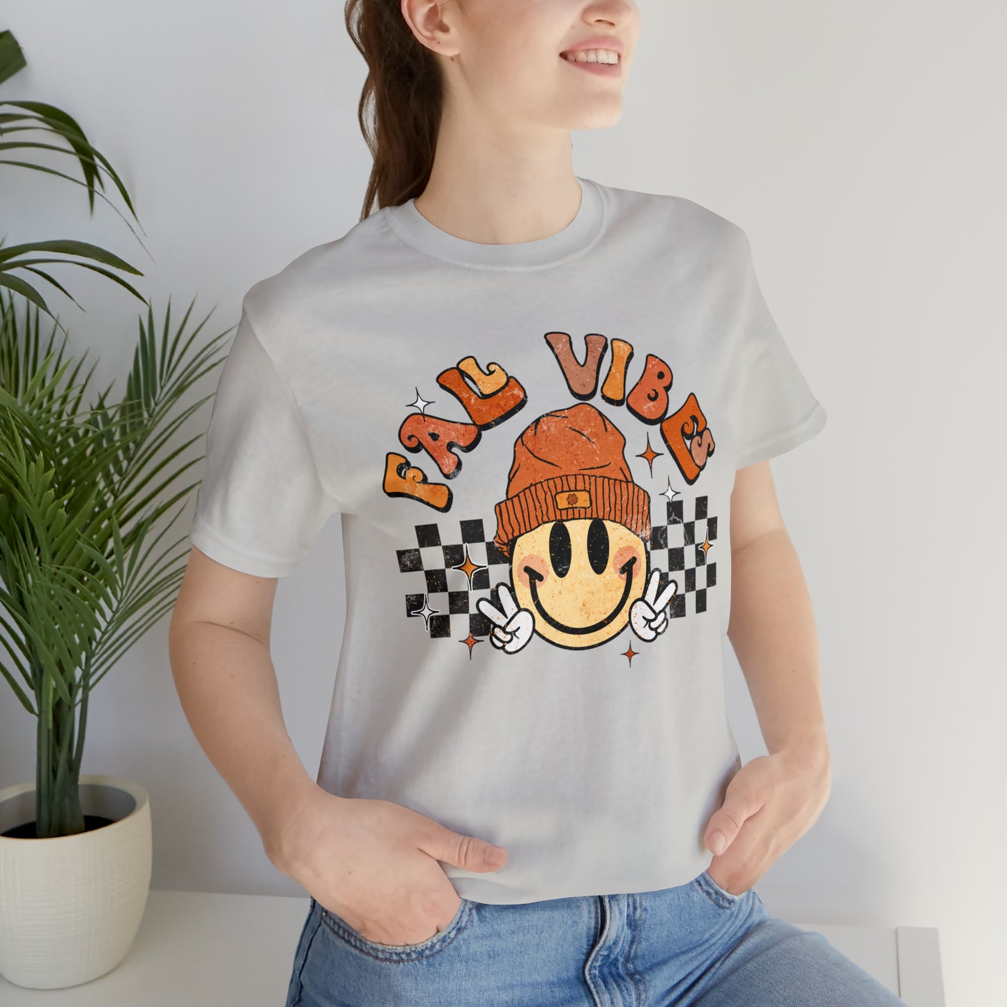 Distressed Halloween Fall Vibes Smiley Face with Beanie and Peace Sign T-Shirt