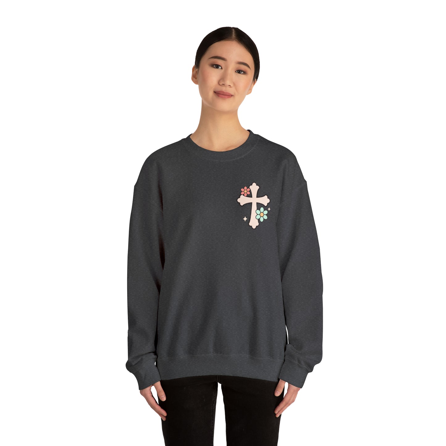 Vintage Grow in Grace with Cross Boho Color Print -  Front and Back Design Heavy Blend™ Crewneck Sweatshirt