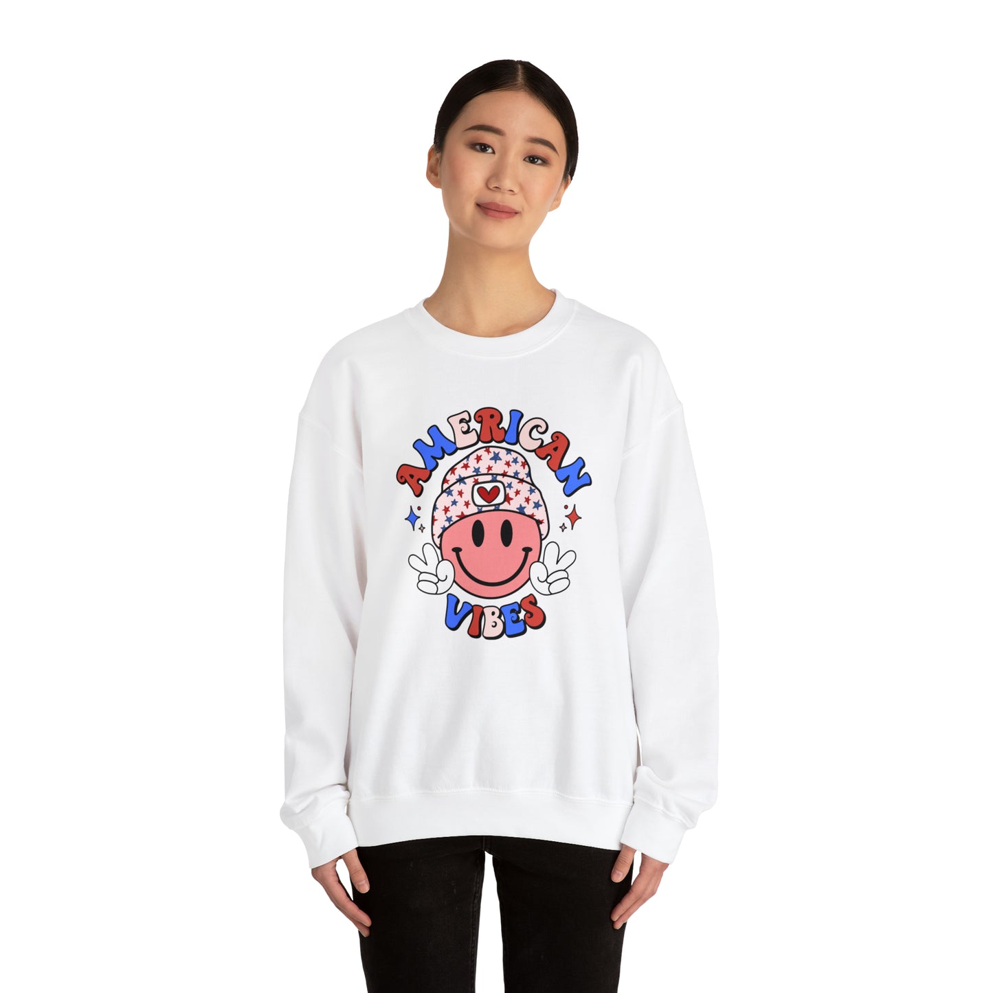 USA American Vibes Smiley Face with Heart Beanie and Peace Signs Heavy Blend™ Crewneck Sweatshirt