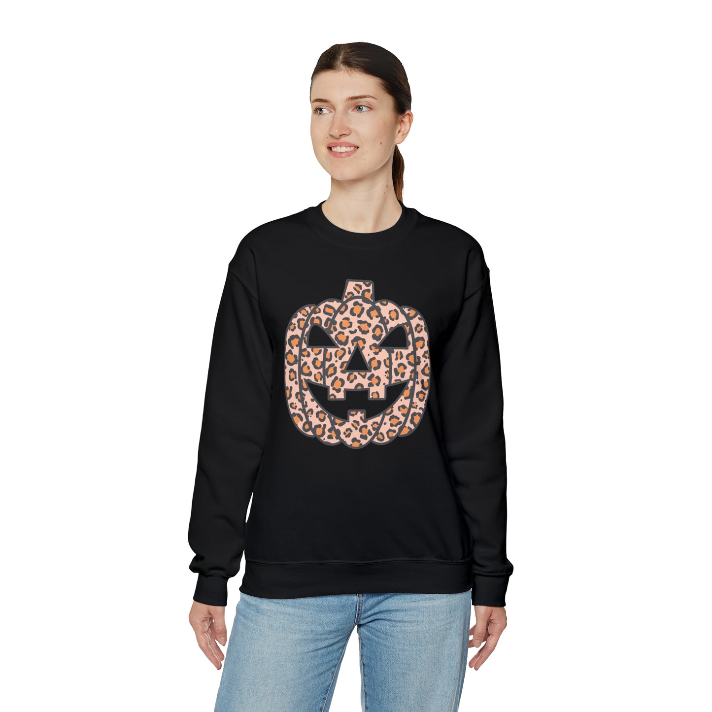 Boho Leopard Print Pumpkin Fall Halloween Retro Warm Colored  Unisex Heavy Blend™ Crewneck Sweatshirt