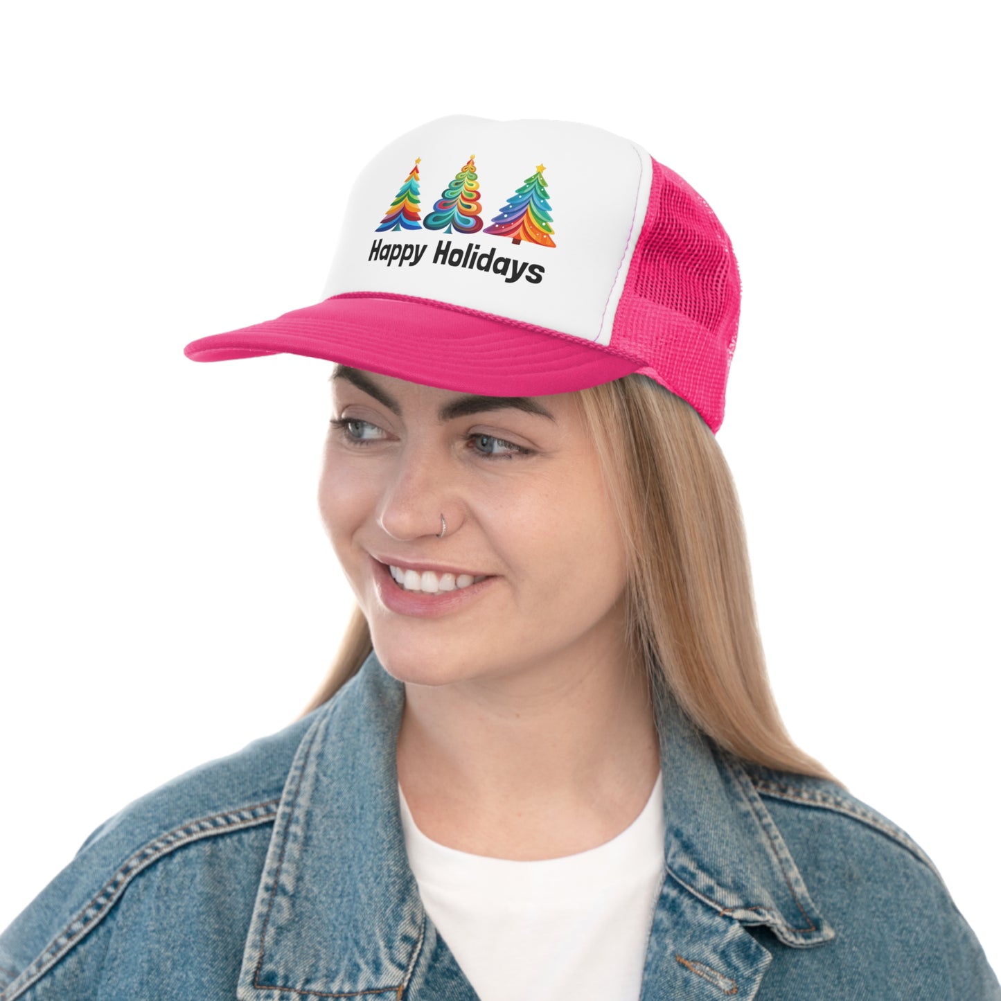 Happy Holidays Layered Rainbow Christmas Tree Tall Trucker Caps