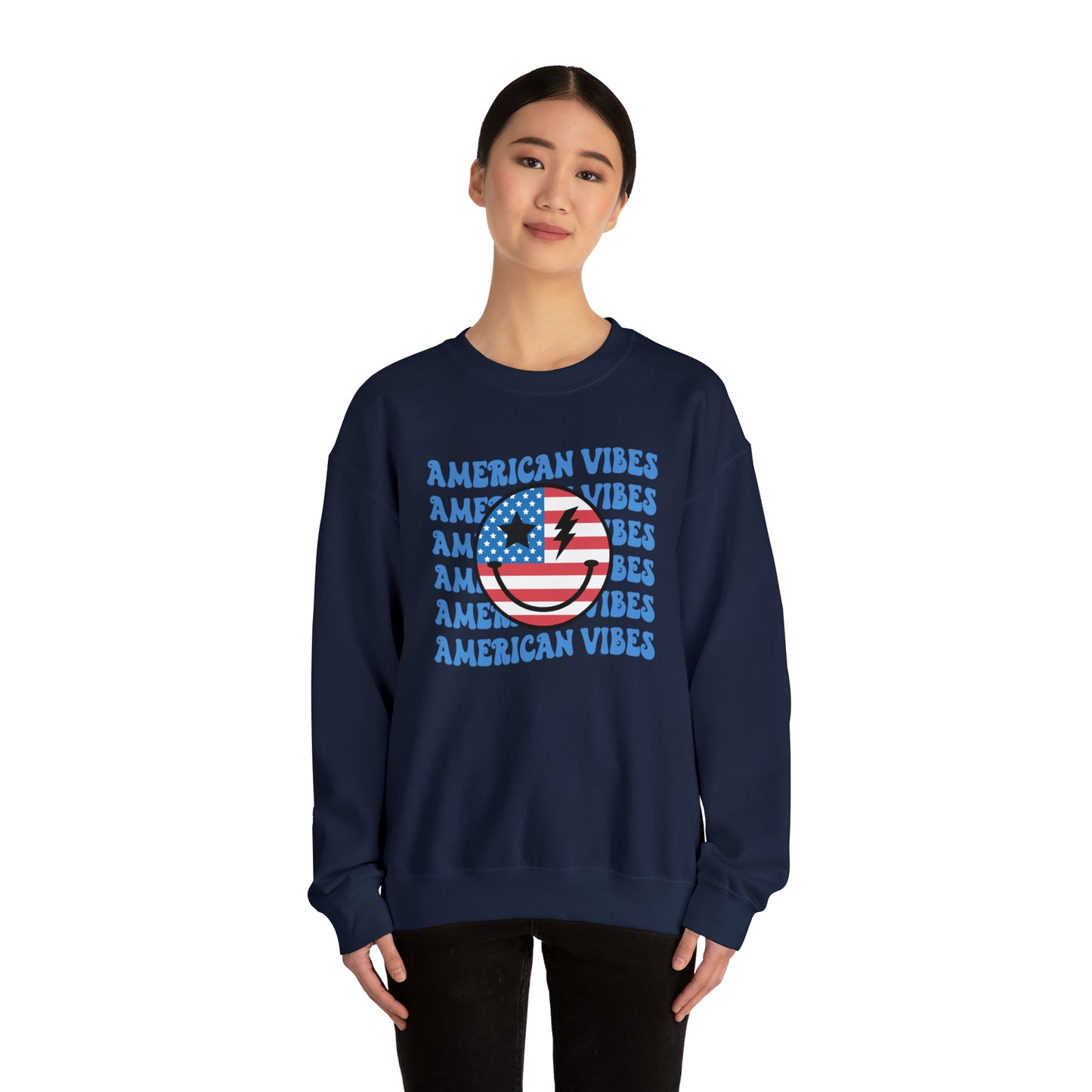 USA American Vibes Flag Smiley Face Heavy Blend™ Crewneck Sweatshirt