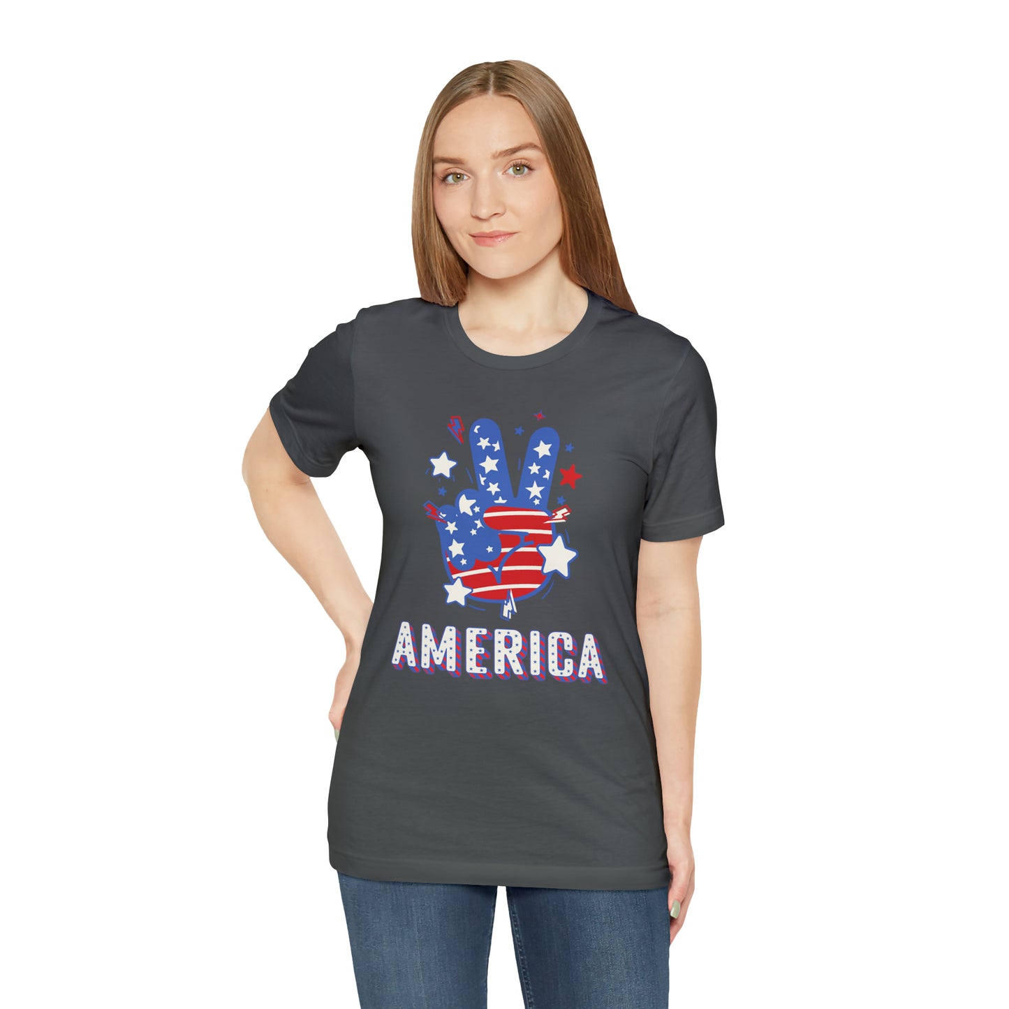 America USA Stars Peace Sign with Hands Unisex Jersey Short Sleeve Tee