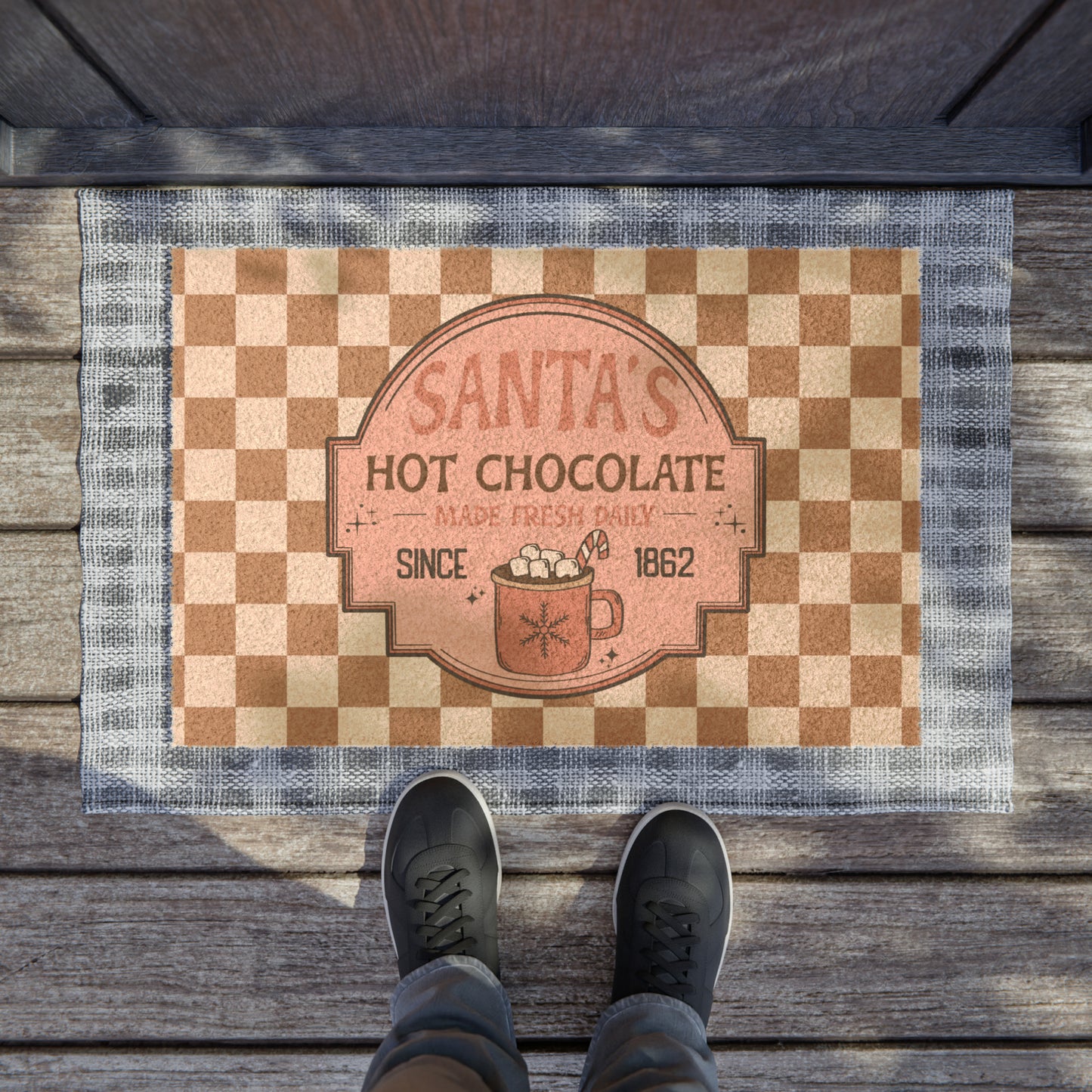 Santa's Hot Chocolate Brown Checkerboard Christmas/ Holiday Coir Mat