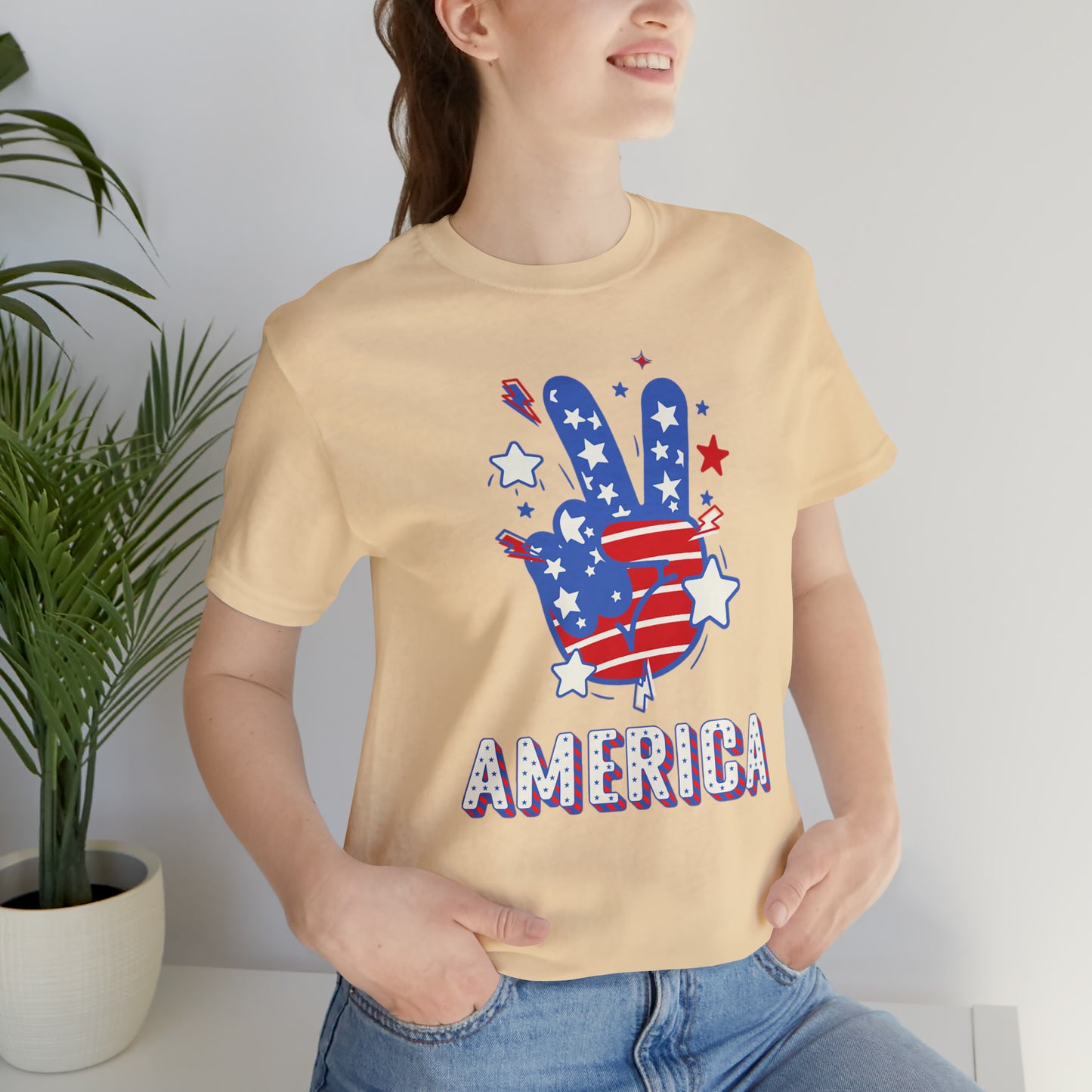 America USA Stars Peace Sign with Hands Unisex Jersey Short Sleeve Tee