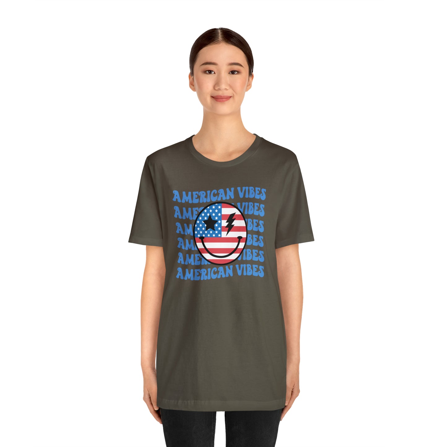 USA American Vibes American Flag Smiley Face Unisex Jersey Short Sleeve Tee