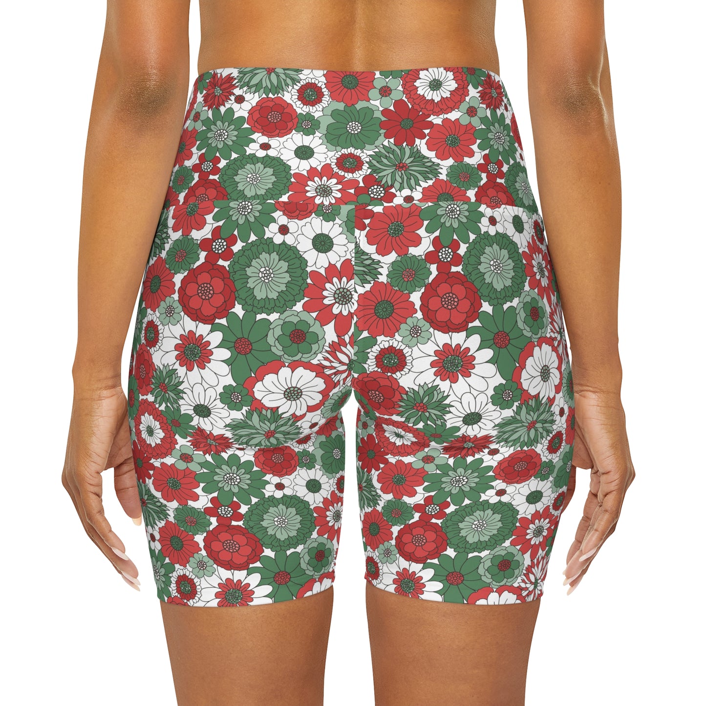 Retro Christmas Holiday Floral Red Green and White Yoga Shorts