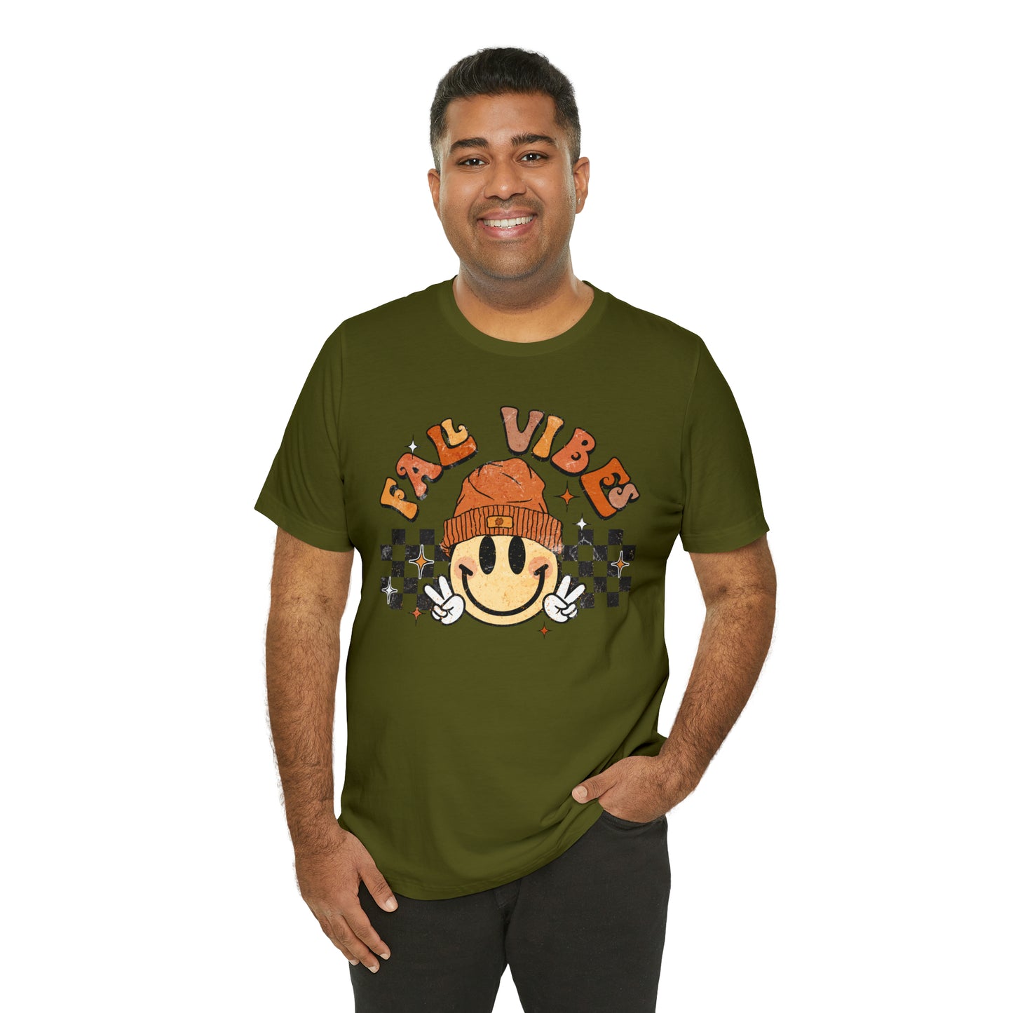 Distressed Halloween Fall Vibes Smiley Face with Beanie and Peace Sign T-Shirt