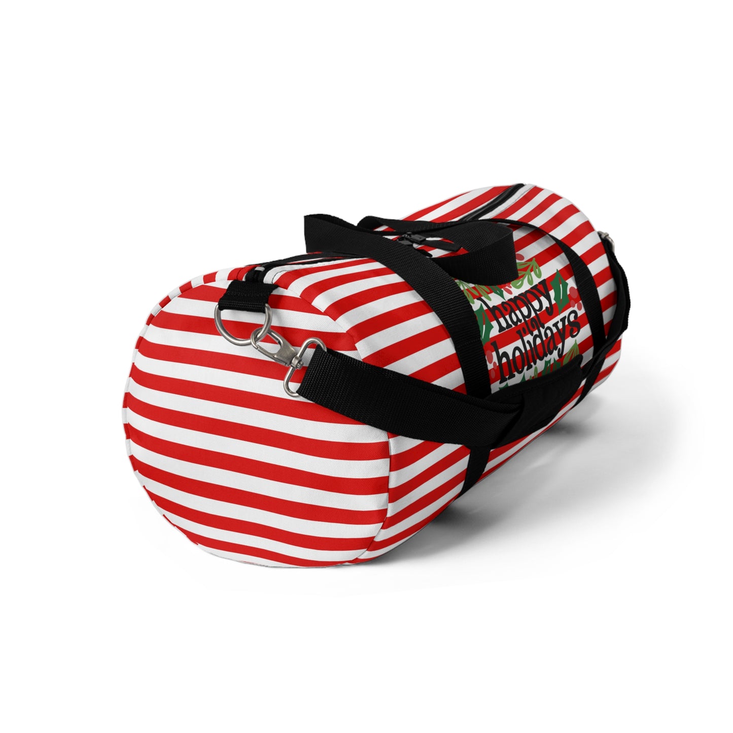 Happy Holidays Wreath Red and White Striped Christmas Duffel Bag