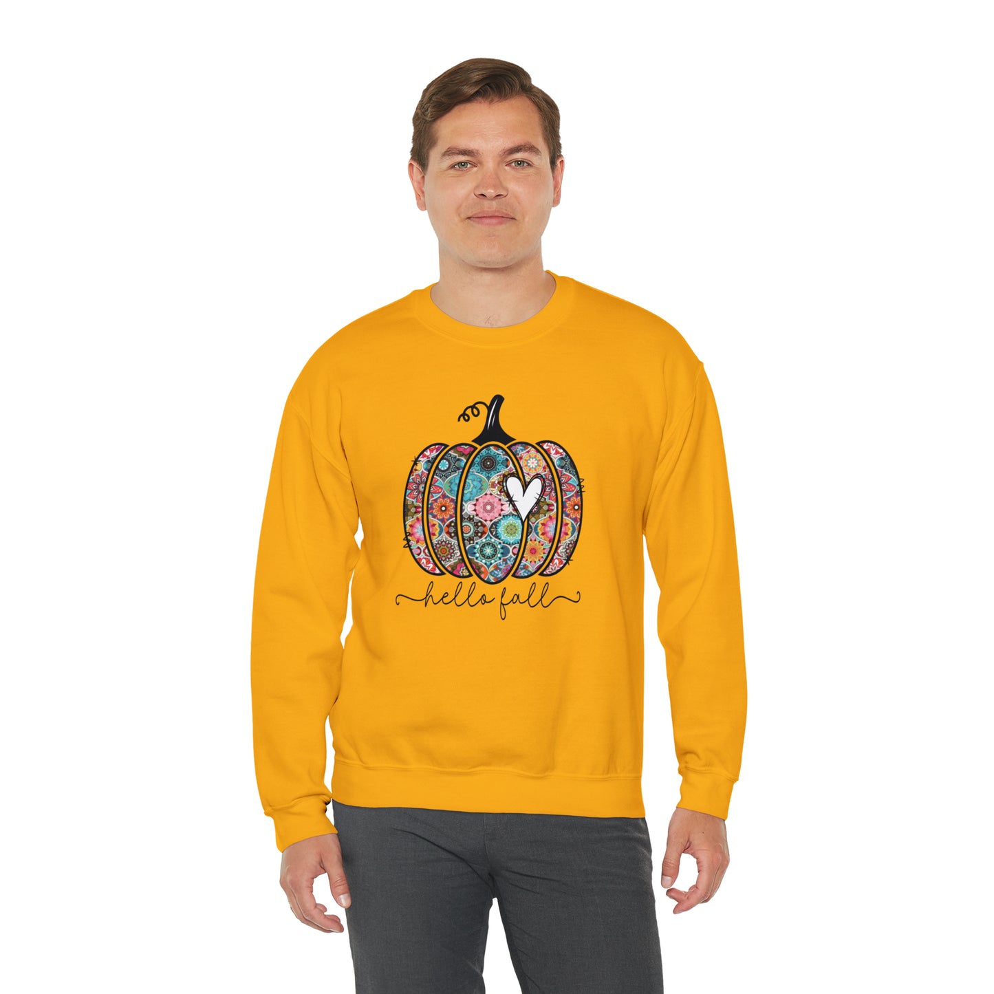 Hello Fall Print Pumpkin Fall Halloween Retro Warm Colored  Unisex Heavy Blend™ Crewneck Sweatshirt