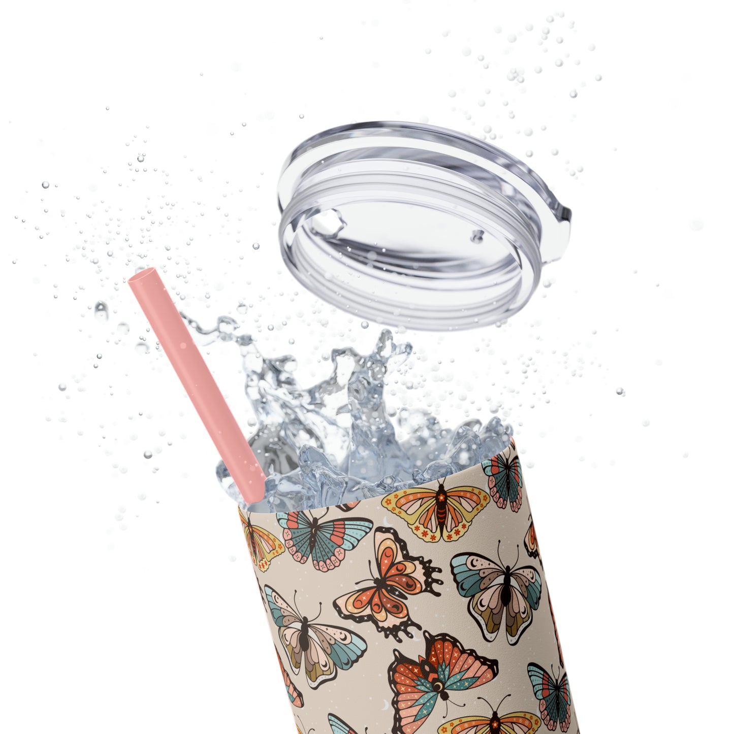 Boho Butterfly Brown Skinny Tumbler with Straw, 20oz