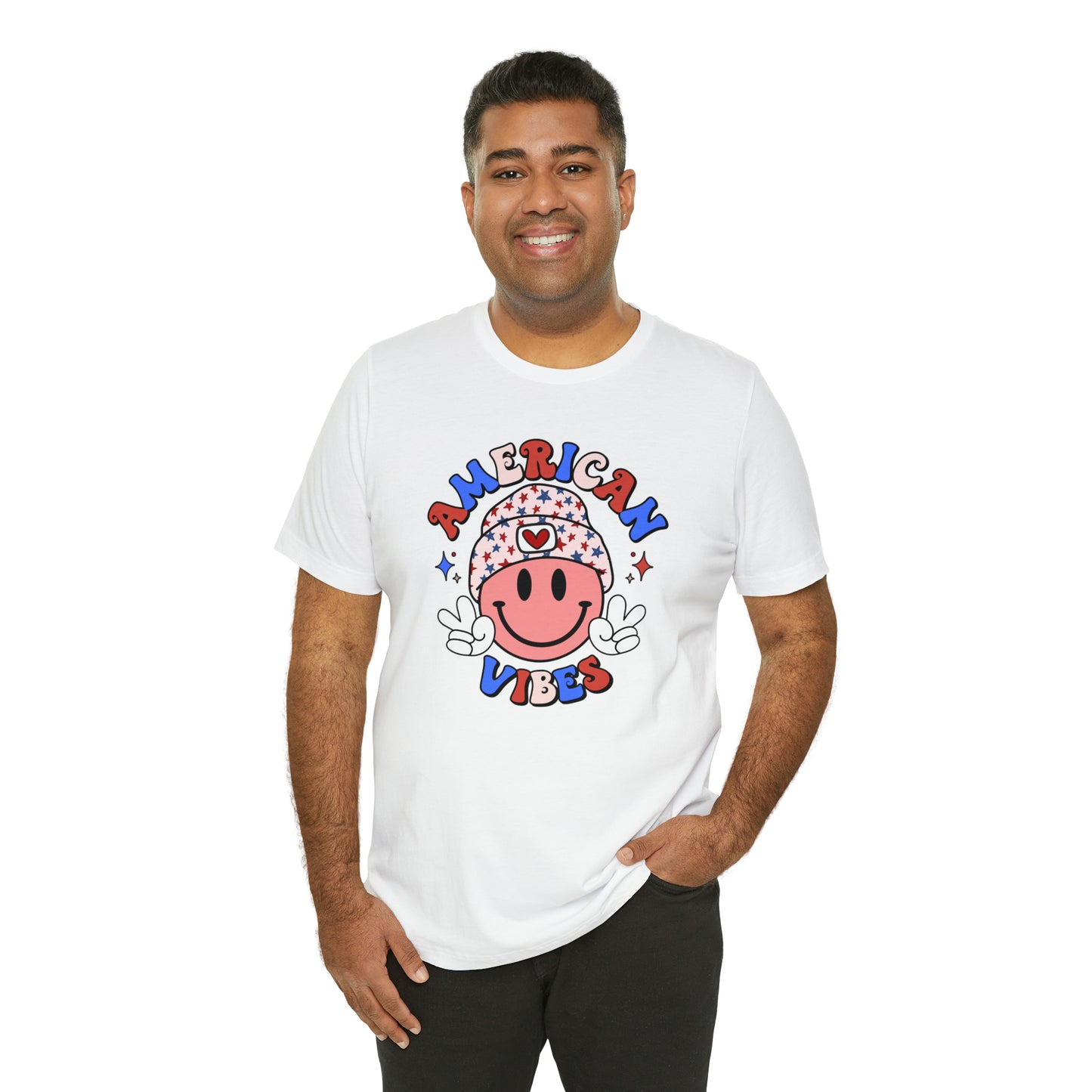 American Vibes USA Smiley Face with Stars Beanie with two hand peace signs Unisex Jersey Short Sleeve Tee