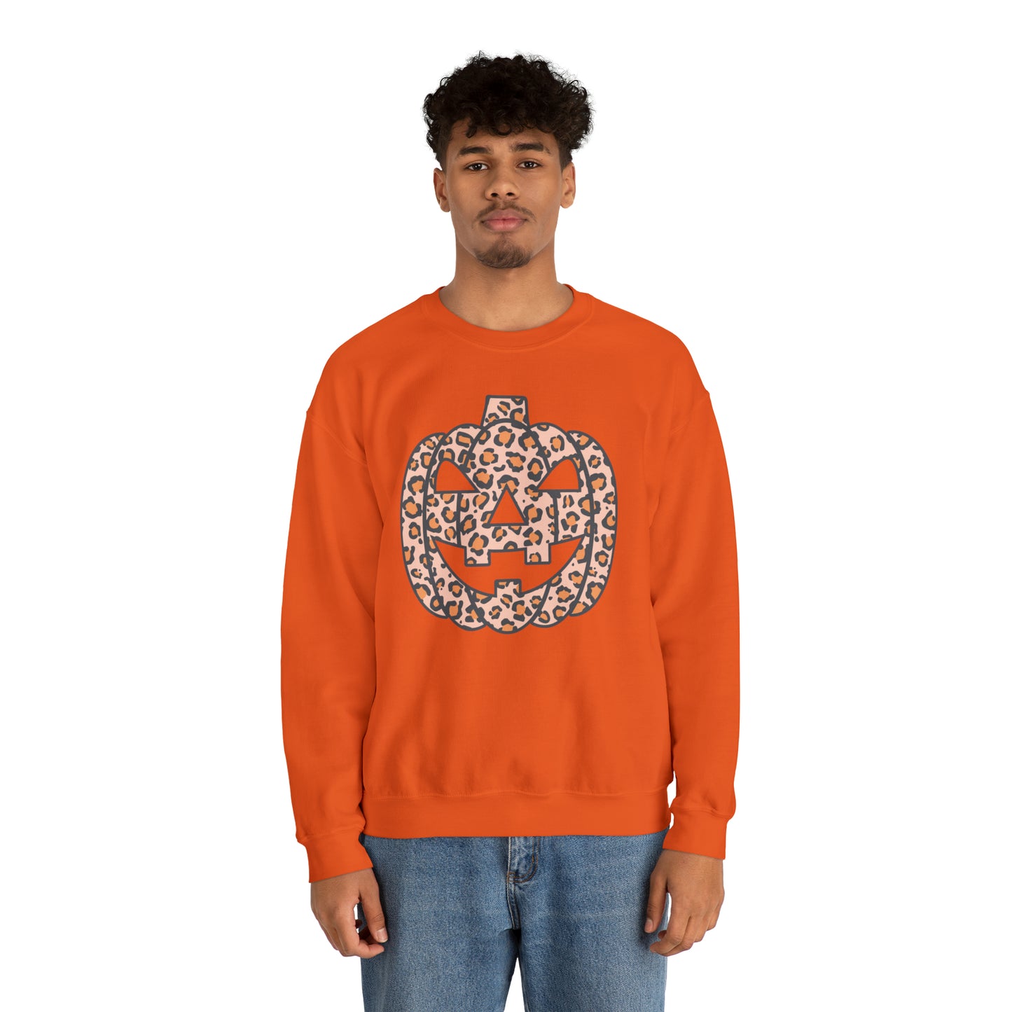 Boho Leopard Print Pumpkin Fall Halloween Retro Warm Colored  Unisex Heavy Blend™ Crewneck Sweatshirt