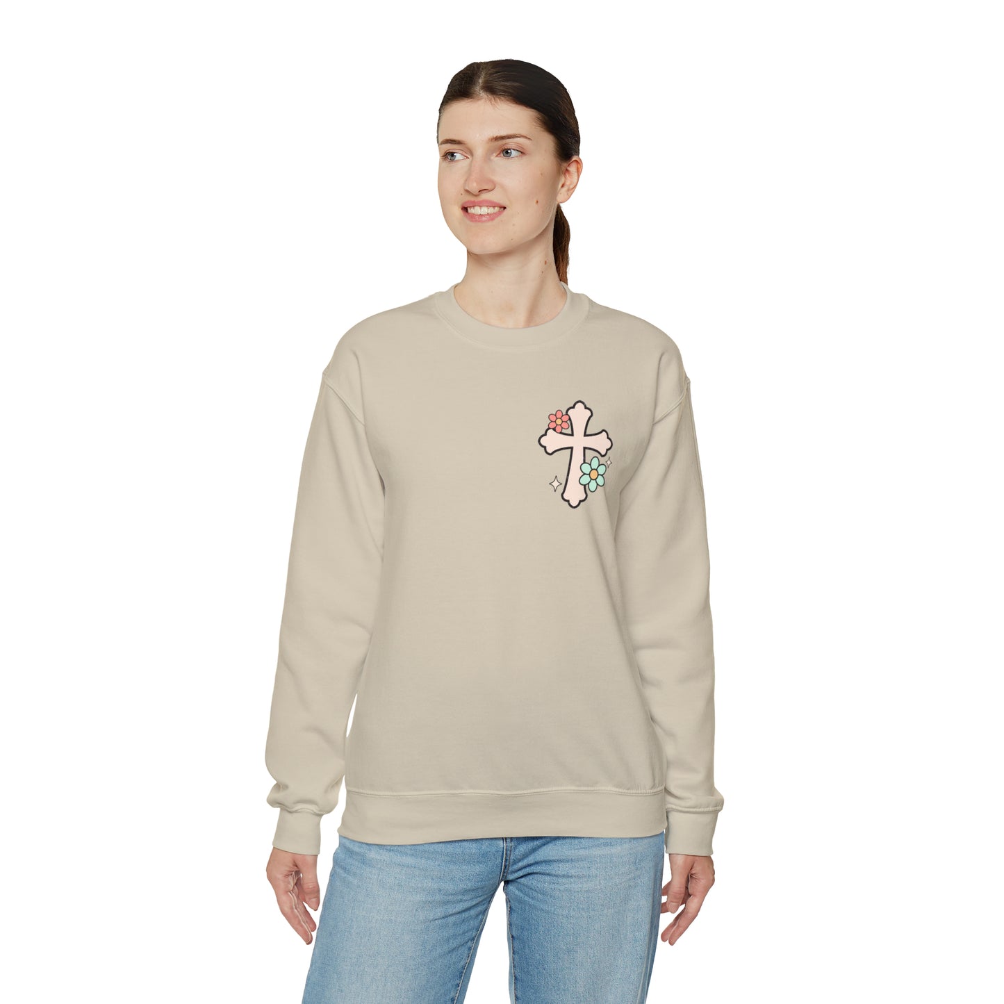 Vintage Grow in Grace with Cross Boho Color Print -  Front and Back Design Heavy Blend™ Crewneck Sweatshirt