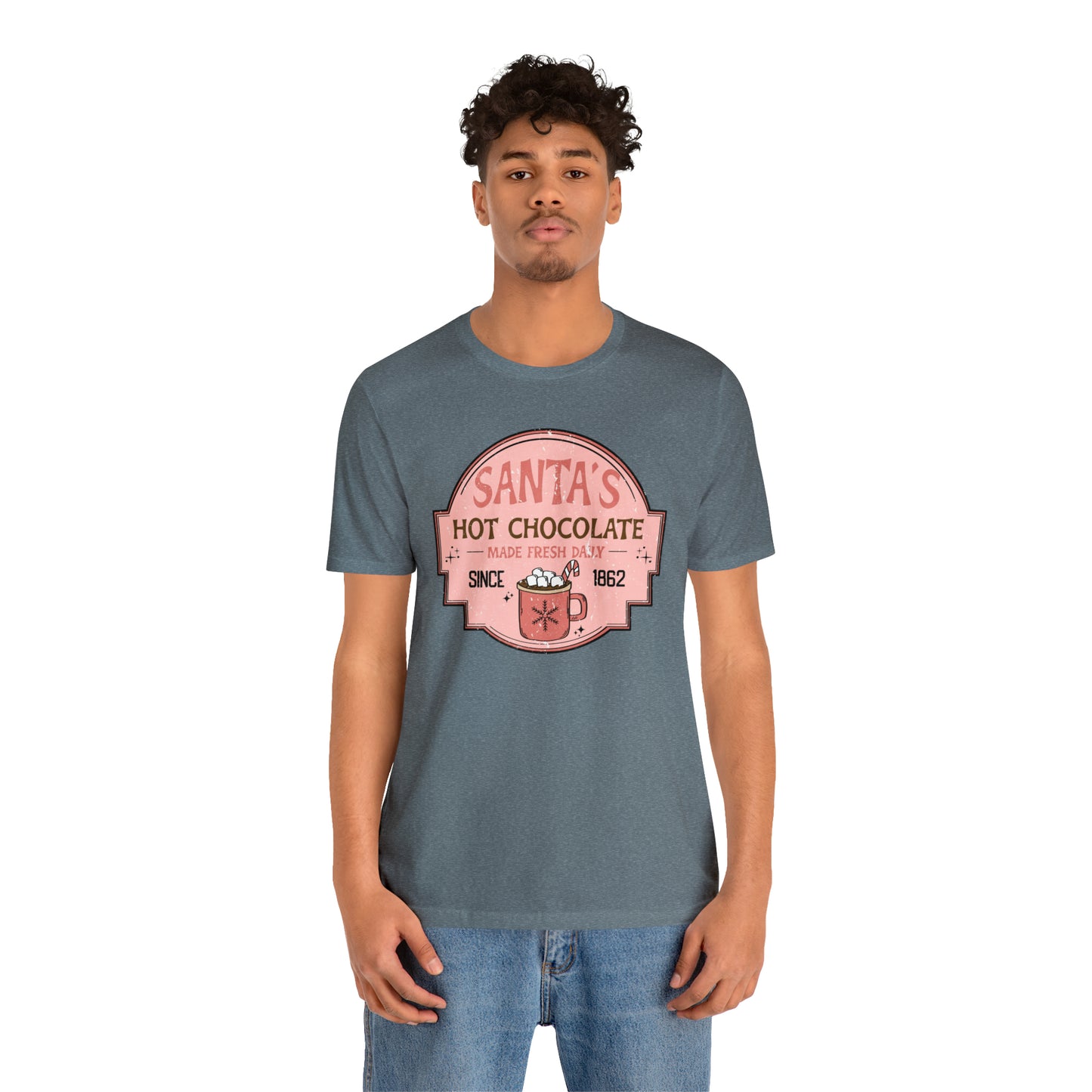 Santa's Hot Chocolate Pink Christmas/ Holiday Bella Jersey Short Sleeve Tee (Unisex)