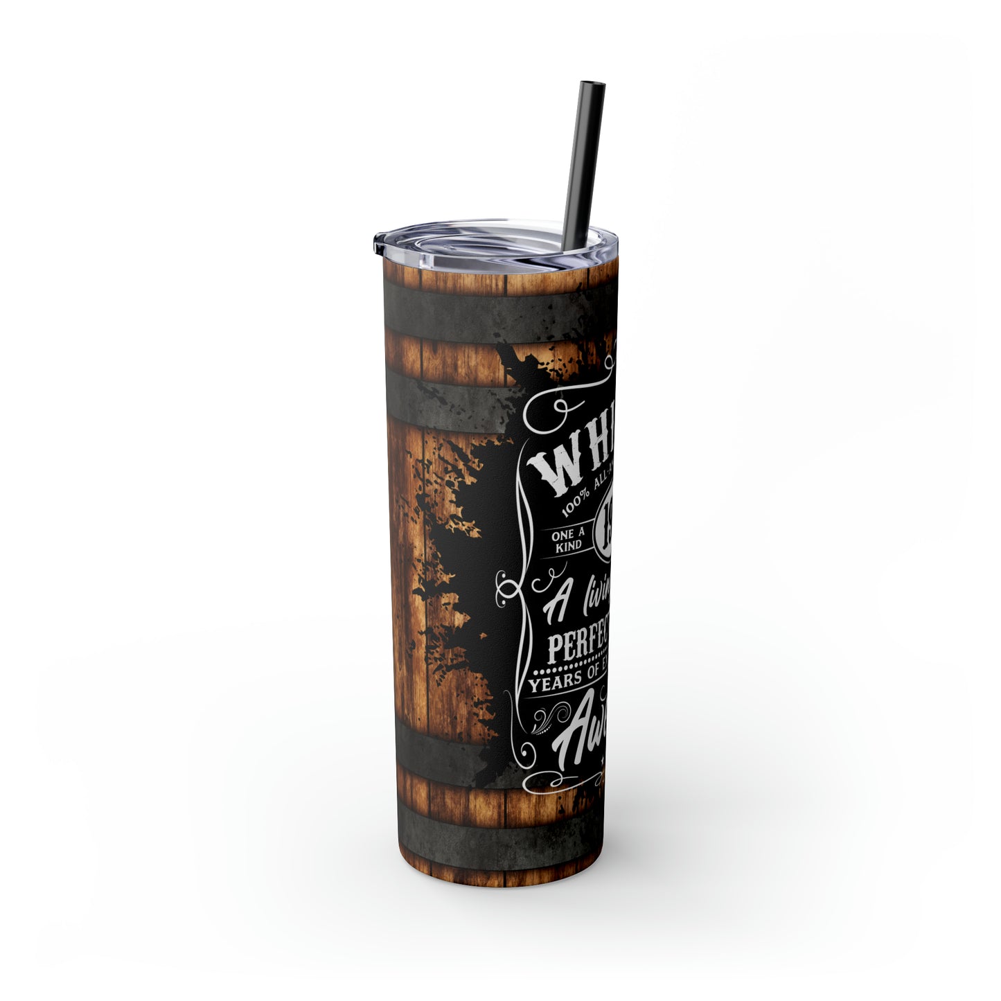 Rustic Barrel Whiskey Themed Skinny Tumbler with Straw, 20oz