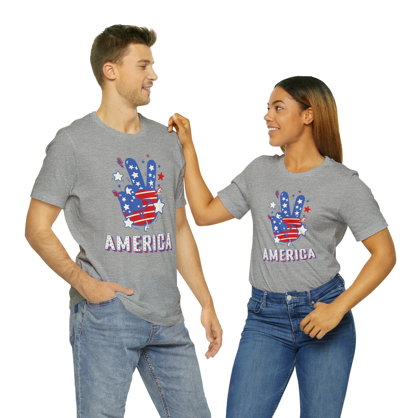 America USA Stars Peace Sign with Hands Unisex Jersey Short Sleeve Tee