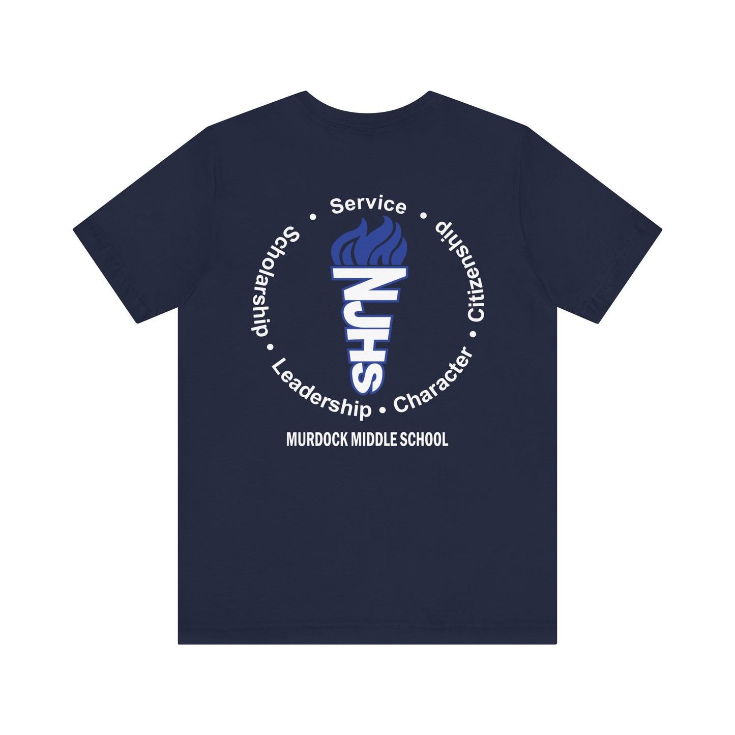 Murdock Middle School NJHS National Junior Honor Society Service Citizenship Character Leadership Scholarship Circular Torch Bella Jersey Short Sleeve Tee - Royal School Font