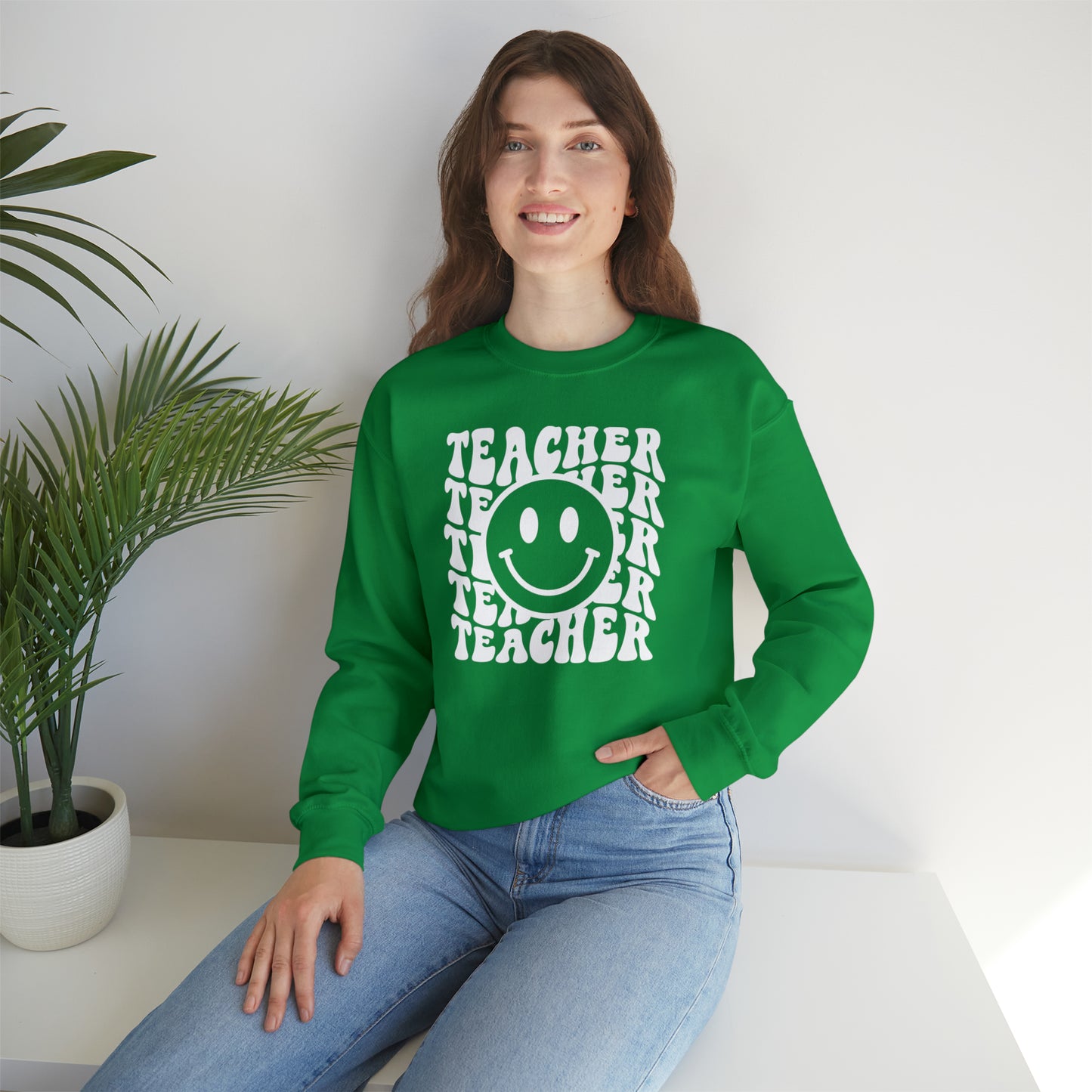 Teacher with Smiley Face White Logo Unisex Heavy Blend™ Crewneck Sweatshirt