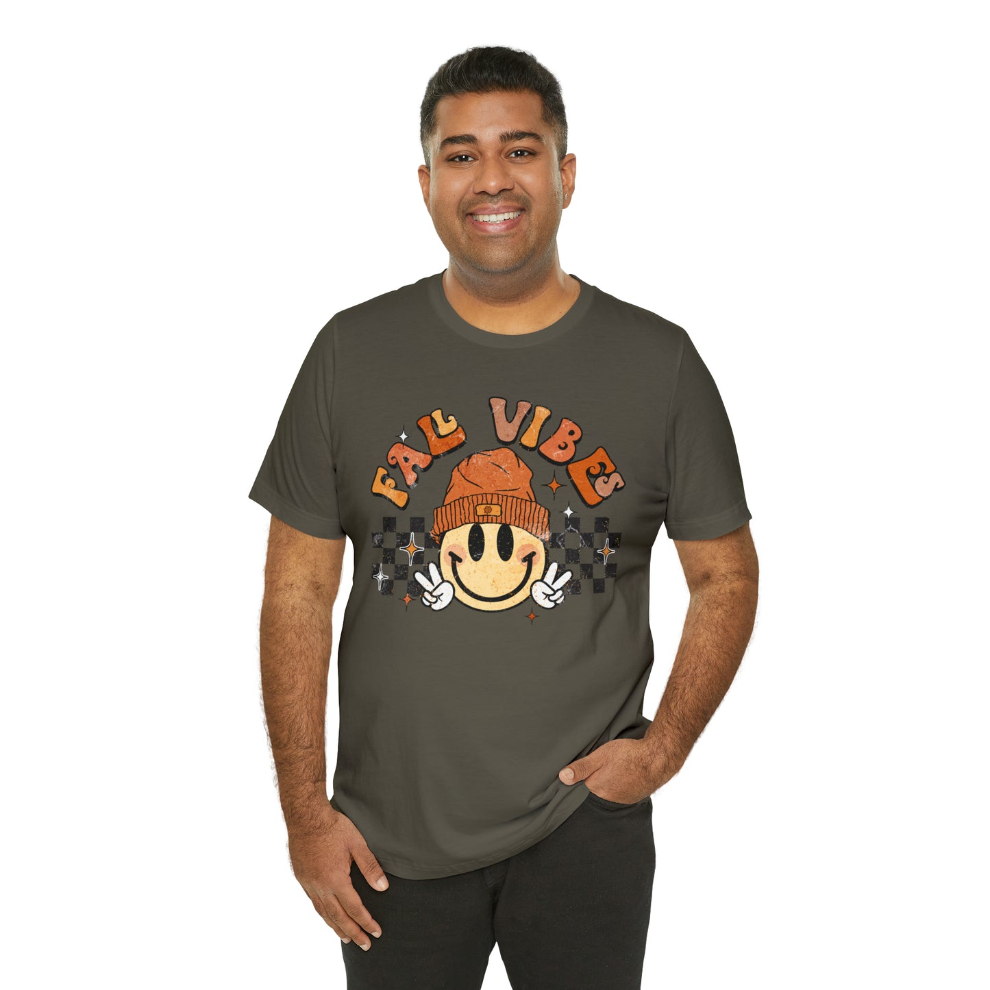 Distressed Halloween Fall Vibes Smiley Face with Beanie and Peace Sign T-Shirt