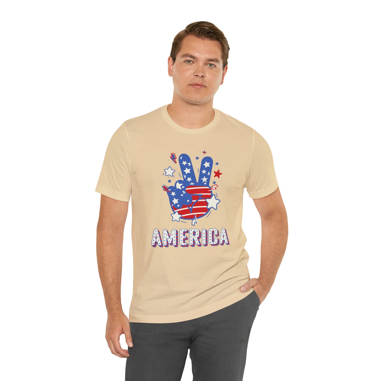 America USA Stars Peace Sign with Hands Unisex Jersey Short Sleeve Tee