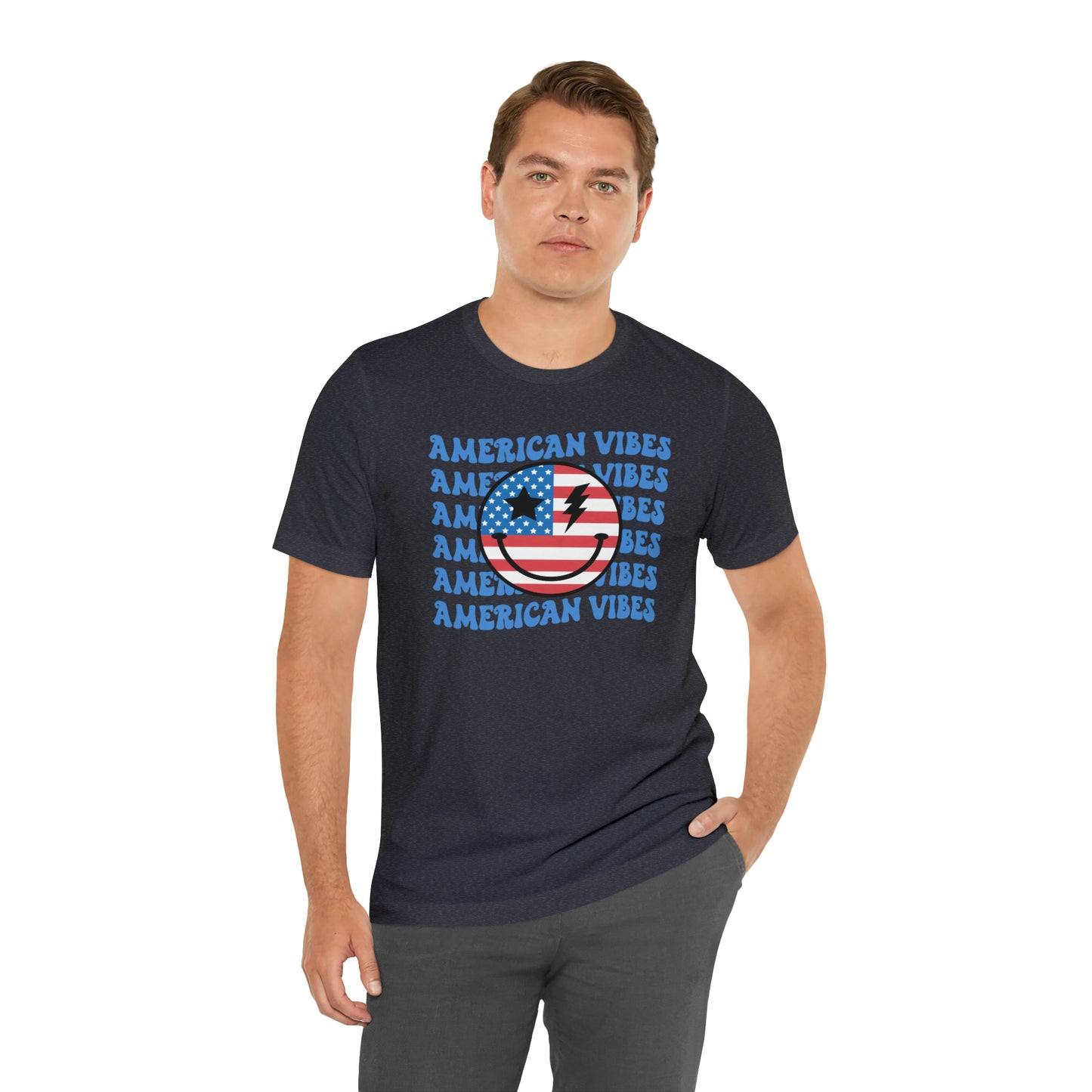 USA American Vibes American Flag Smiley Face Unisex Jersey Short Sleeve Tee