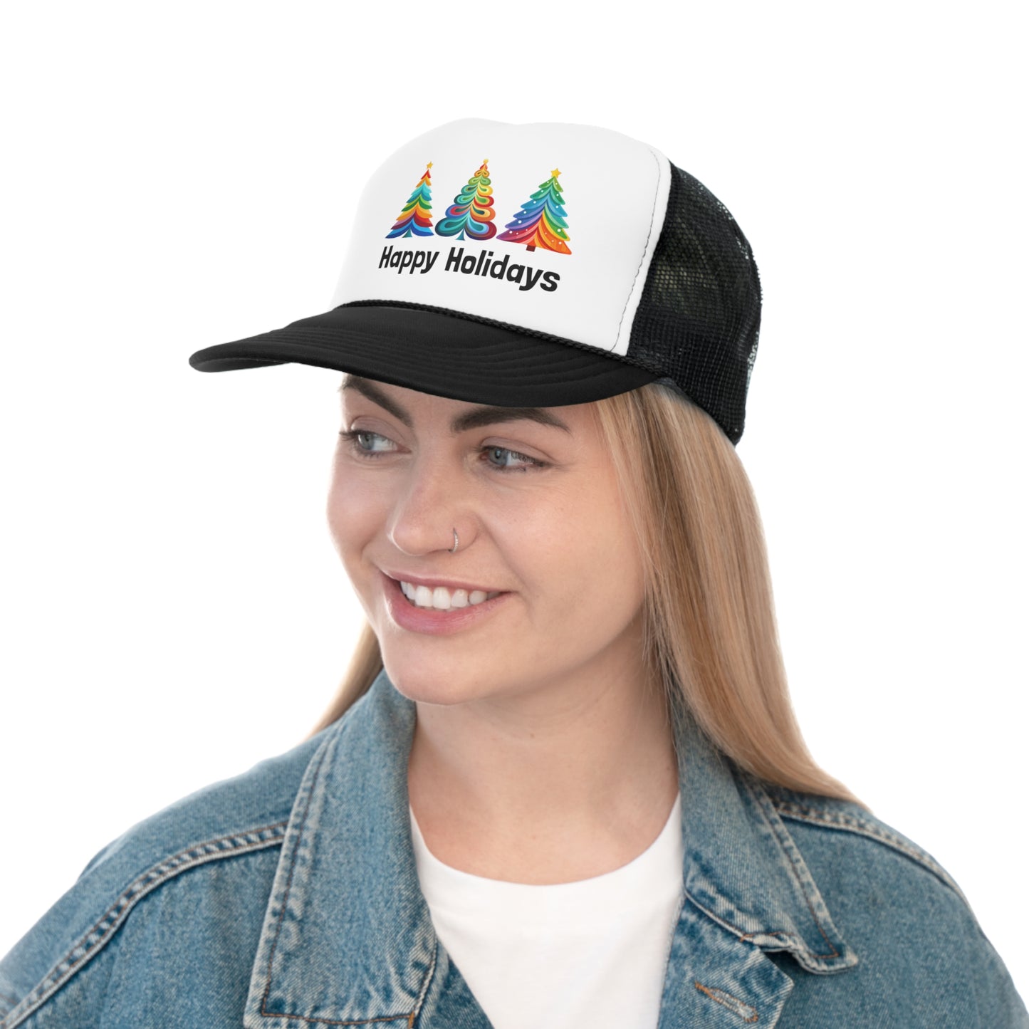 Happy Holidays Layered Rainbow Christmas Tree Tall Trucker Caps