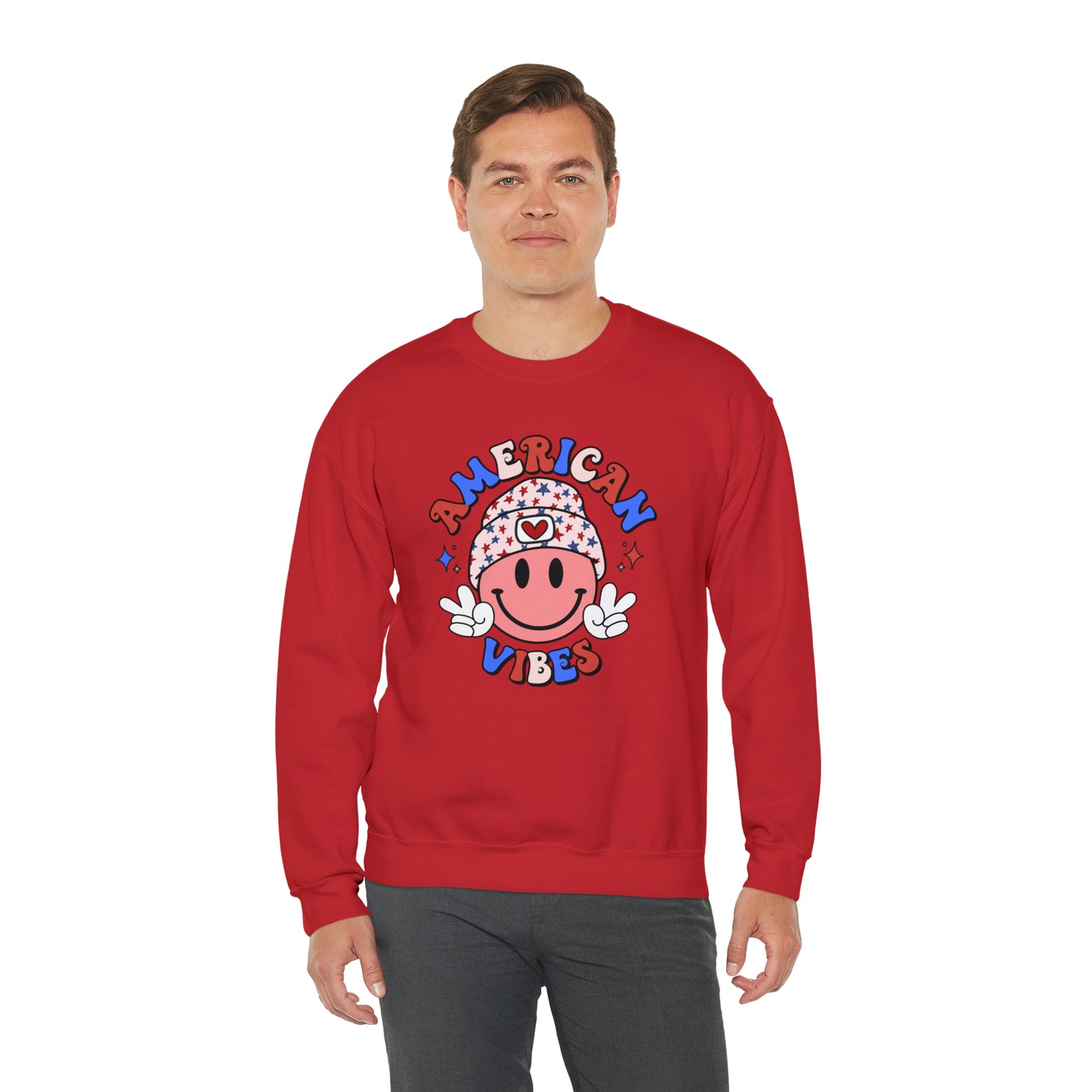 USA American Vibes Smiley Face with Heart Beanie and Peace Signs Heavy Blend™ Crewneck Sweatshirt