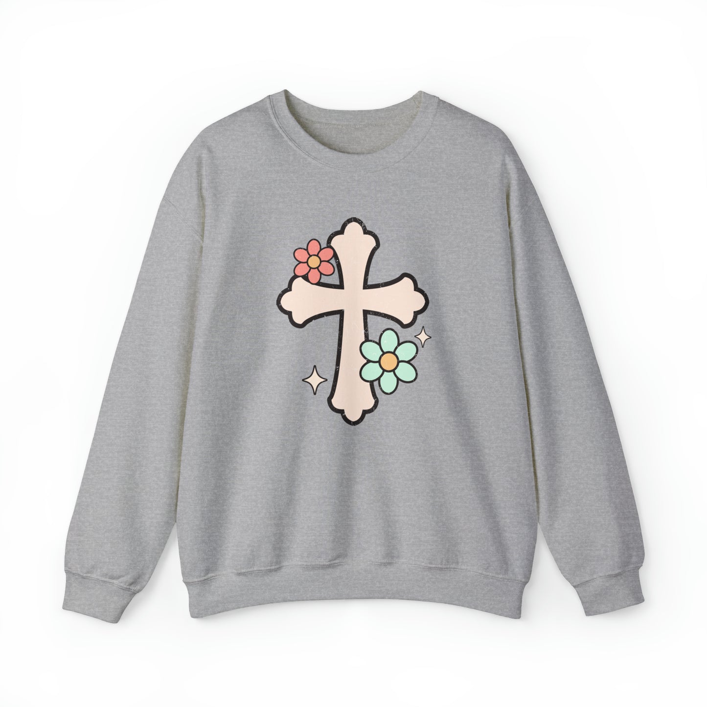 Vintage Floral Cross Design Heavy Blend™ Crewneck Sweatshirt