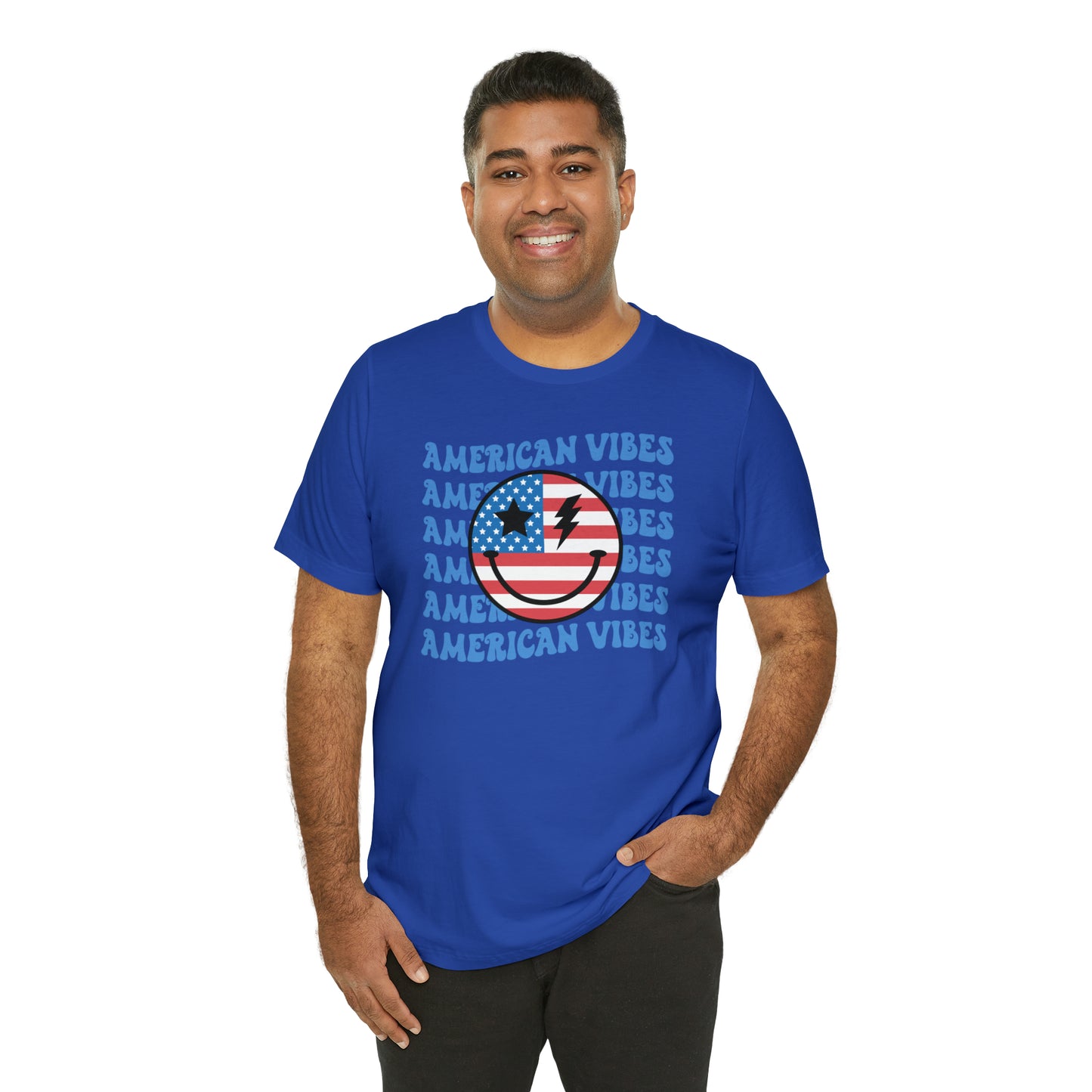 USA American Vibes American Flag Smiley Face Unisex Jersey Short Sleeve Tee