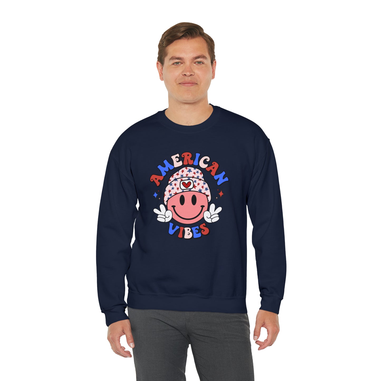 USA American Vibes Smiley Face with Heart Beanie and Peace Signs Heavy Blend™ Crewneck Sweatshirt