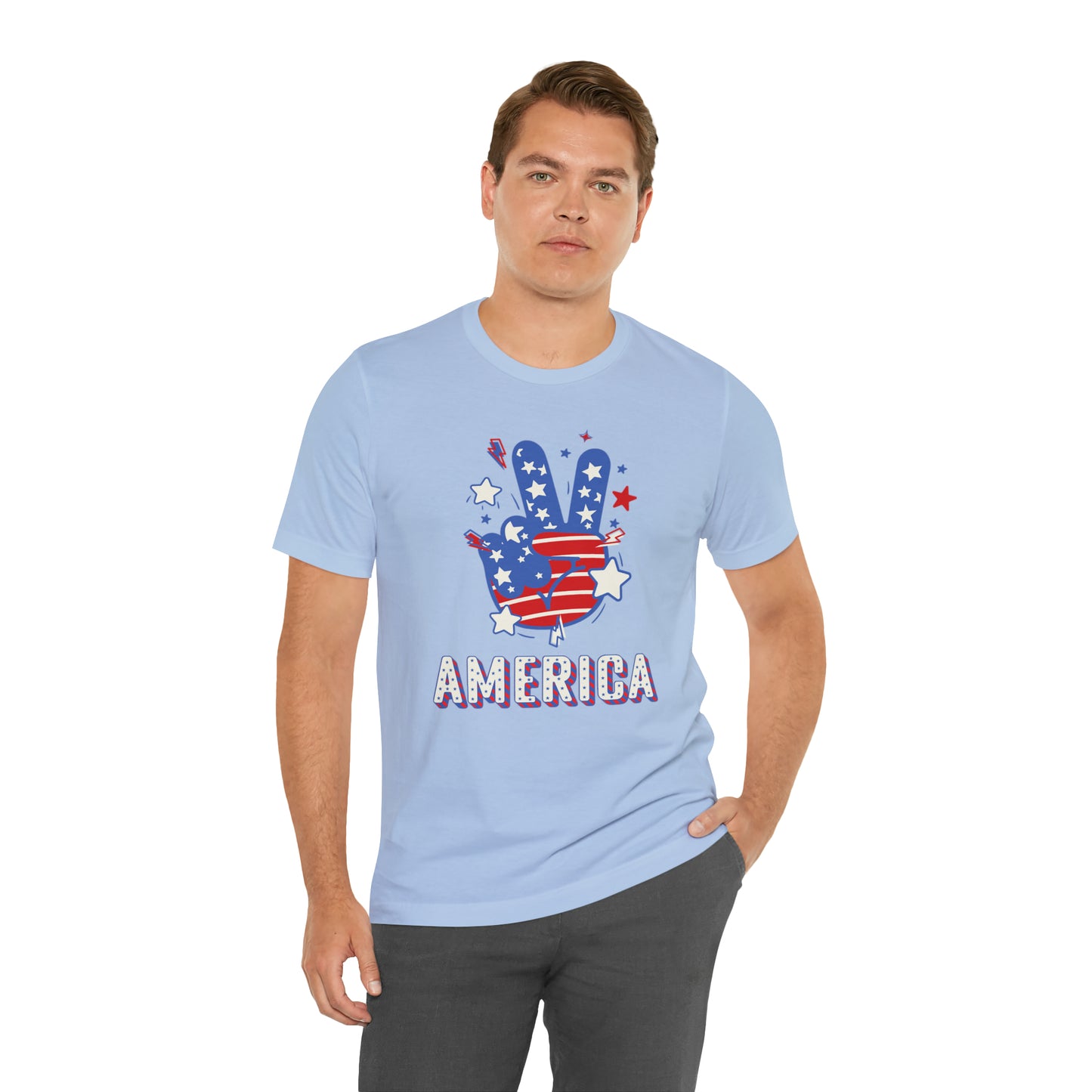 America USA Stars Peace Sign with Hands Unisex Jersey Short Sleeve Tee