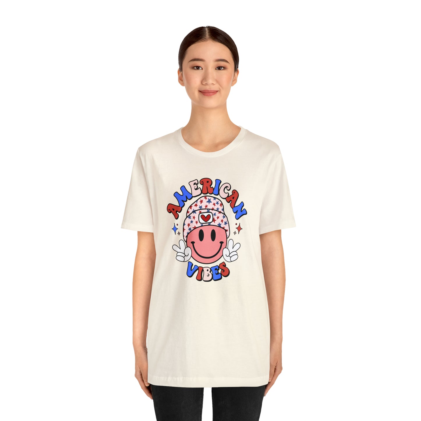 American Vibes USA Smiley Face with Stars Beanie with two hand peace signs Unisex Jersey Short Sleeve Tee